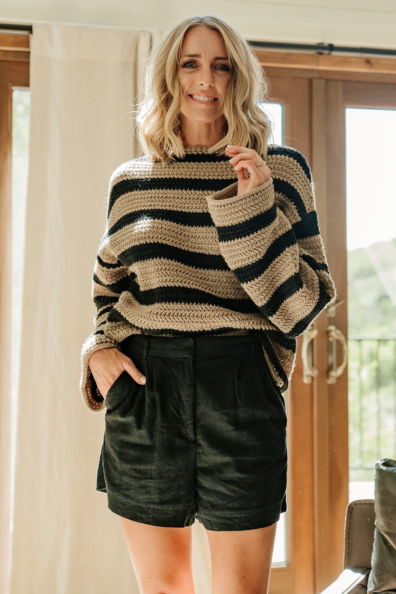 Striped Knit Sweater with Boat Neck & Flared Sleeves | Baltic Born