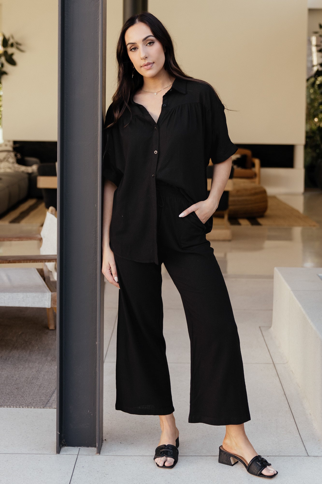 Black Linen Blend Pants with Smocked Waist & Pockets | Romy
