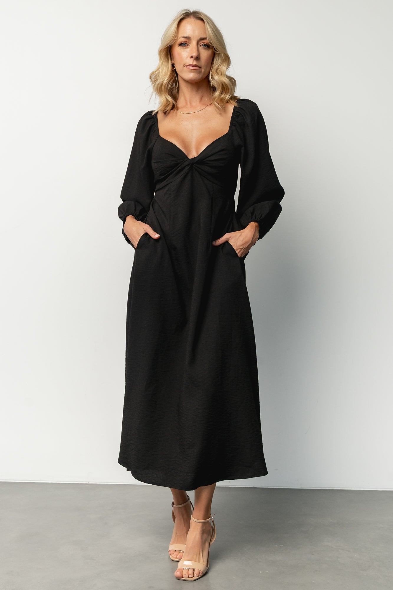 Black Back Tie Midi Dress with Long Sleeves & Pockets | Rosalie
