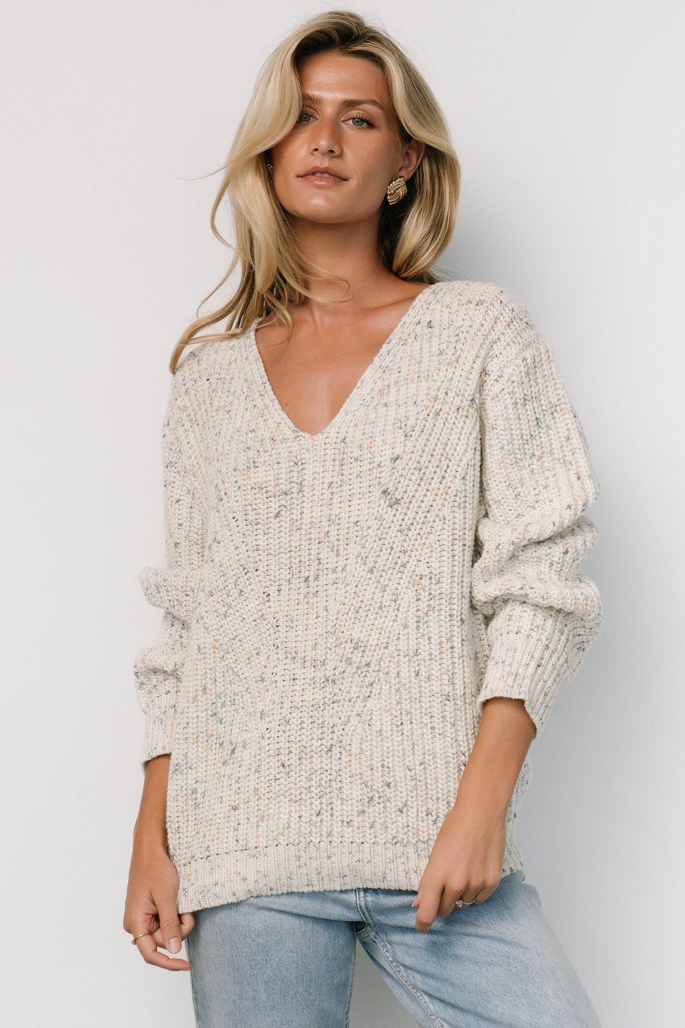 Chunky Knit Sweater with V-Neck & Dropped Shoulder | Rosie Ivory + Blue Multi