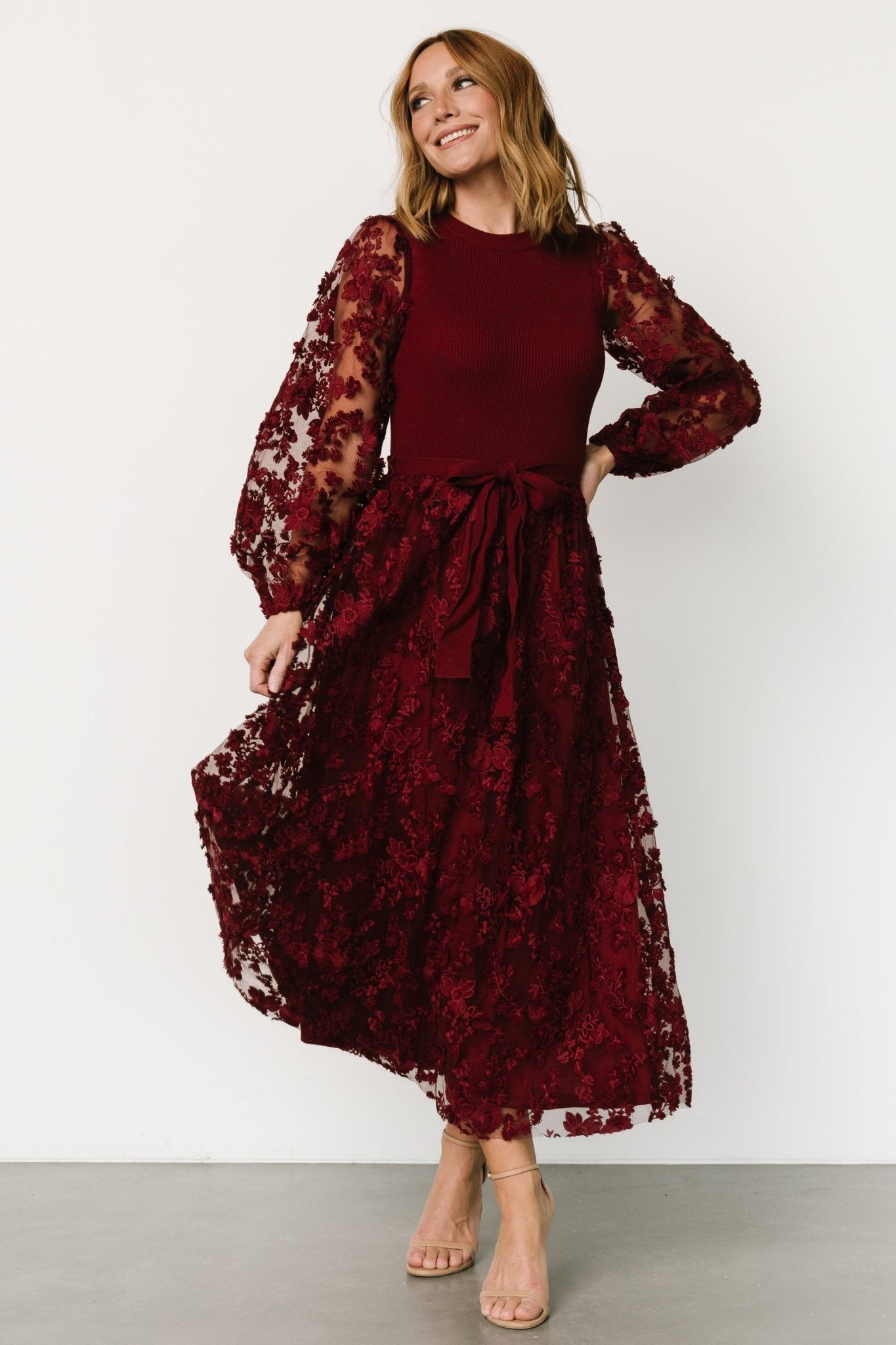 Floral Embroidered Tulle Dress with Elastic Waist | Roslyn Wine