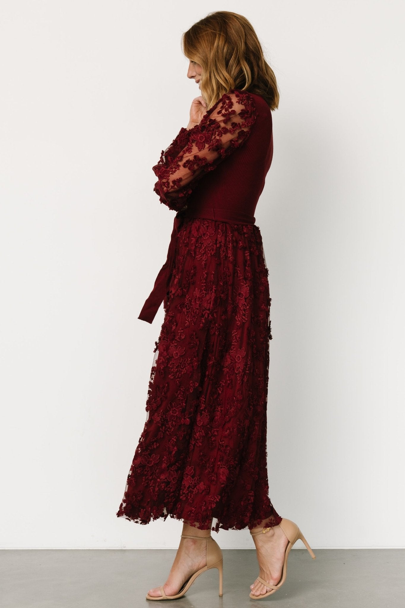 Floral Embroidered Tulle Dress with Elastic Waist | Roslyn Wine