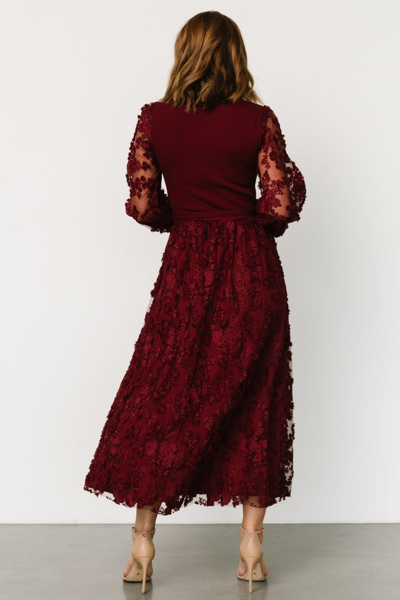 Floral Embroidered Tulle Dress with Elastic Waist | Roslyn Wine