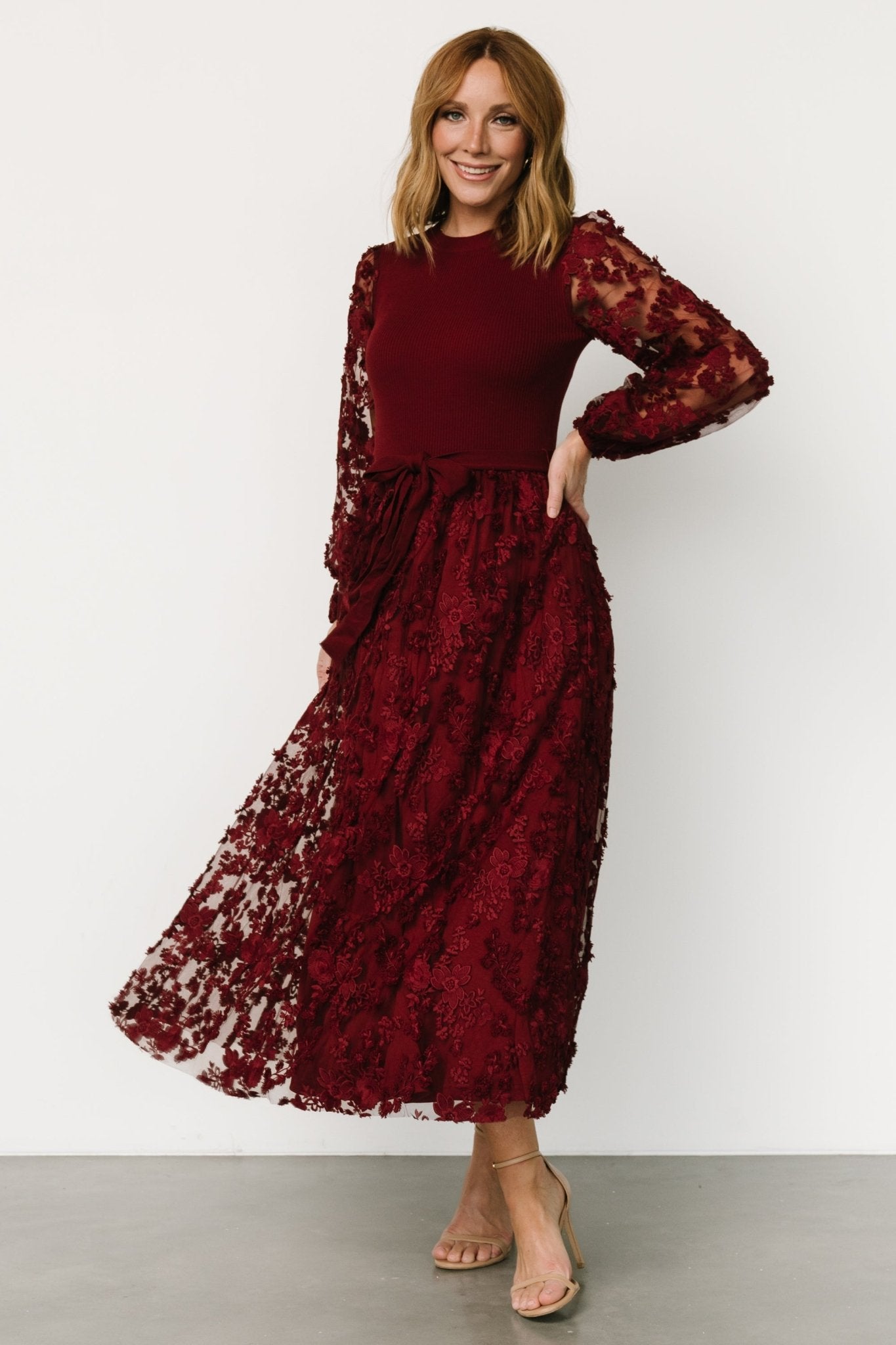 Floral Embroidered Tulle Dress with Elastic Waist | Roslyn Wine