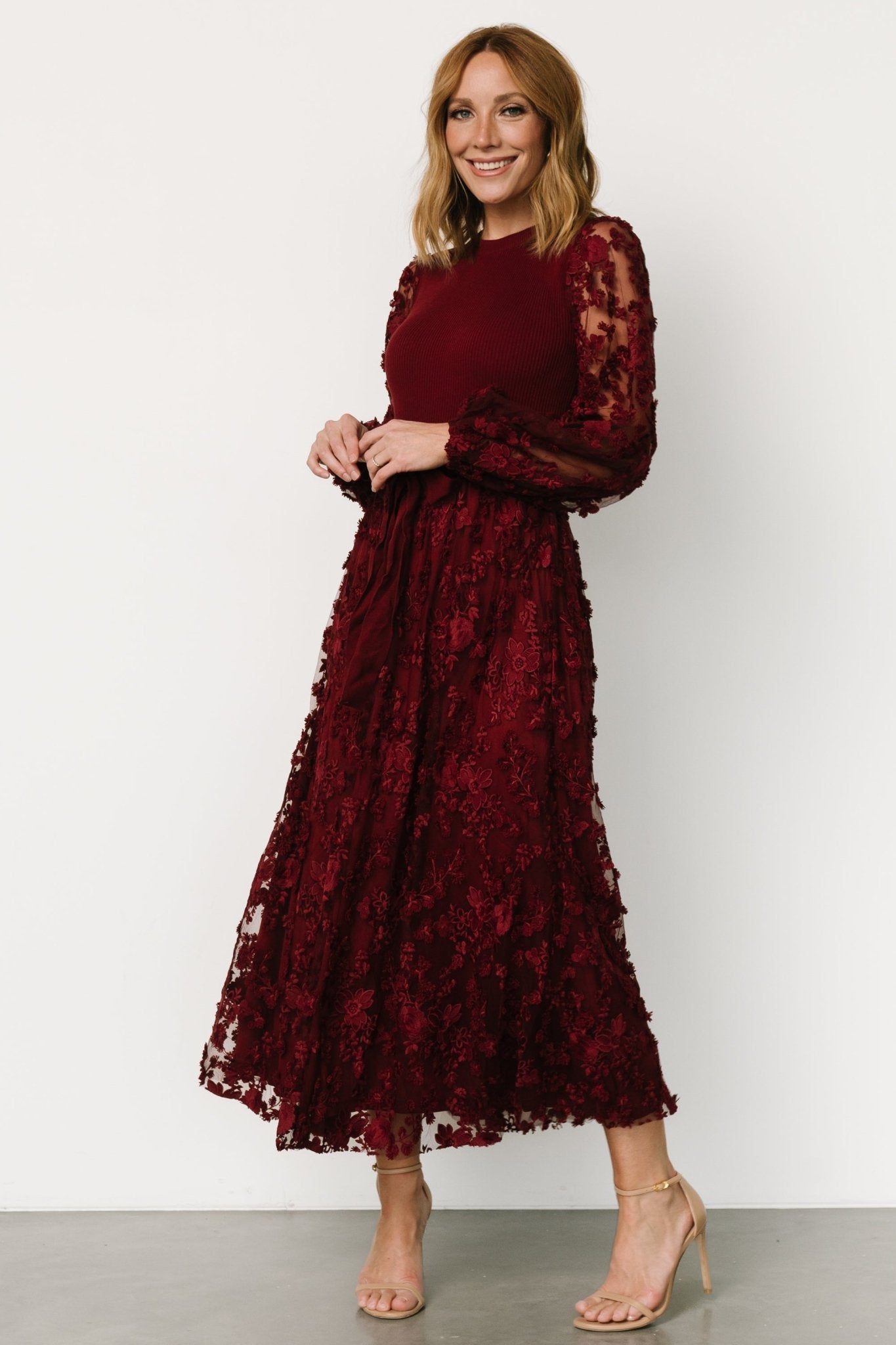 Floral Embroidered Tulle Dress with Elastic Waist | Roslyn Wine