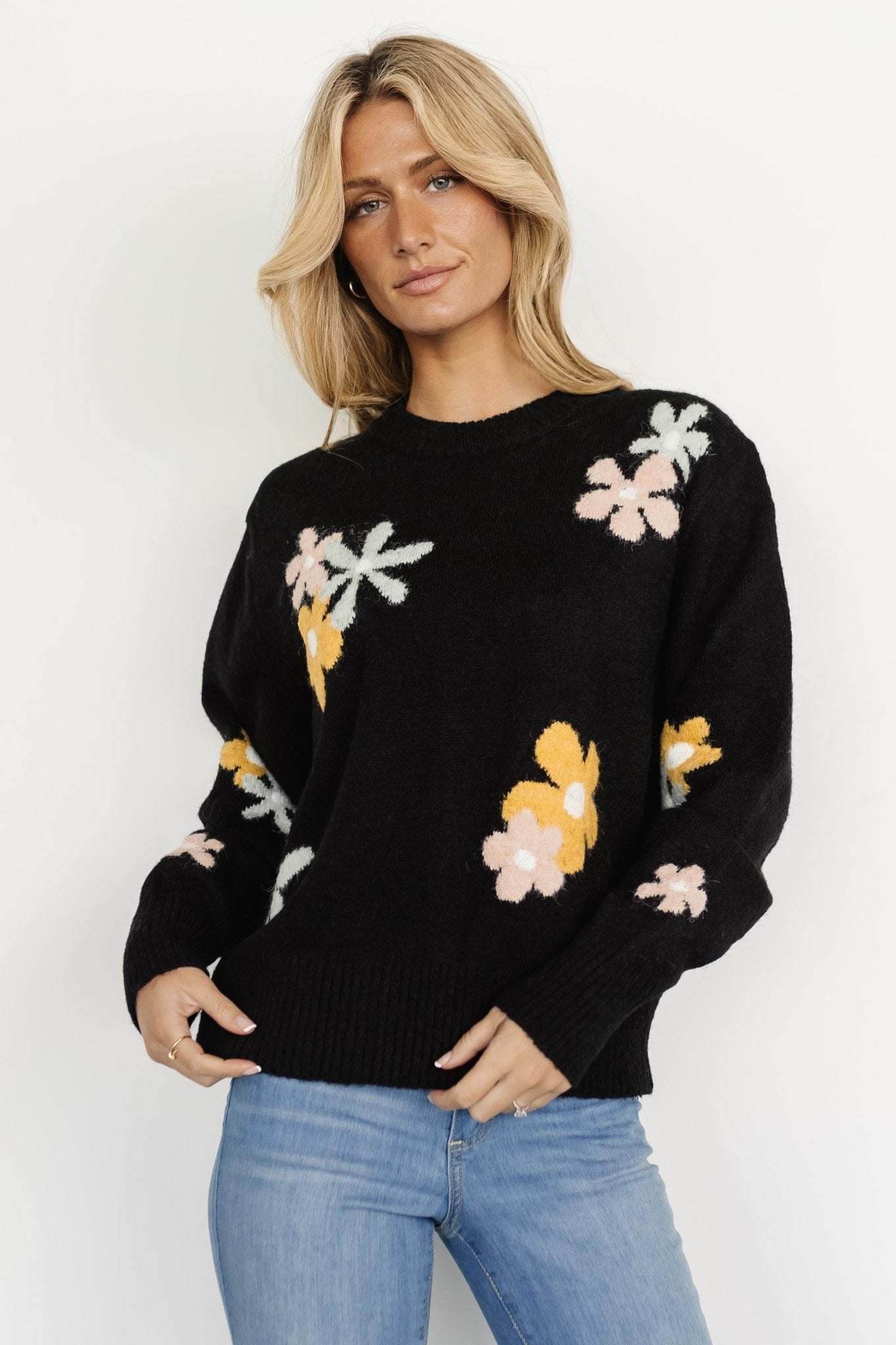 Black Floral Knit Sweater with Ribbed Details | Roxy