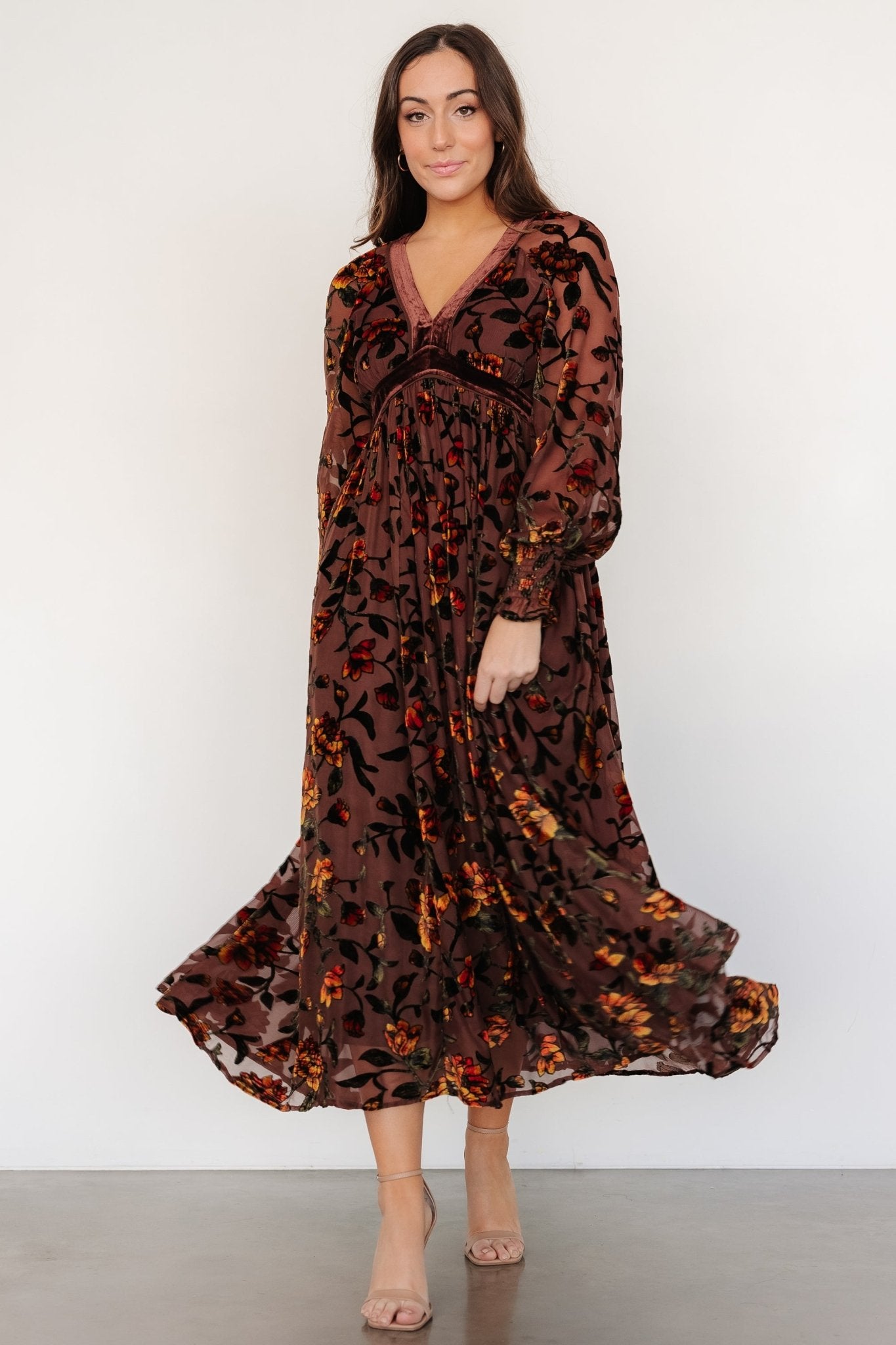 Velvet Floral Dress with V-Neck & Long Sleeves | Adele by Clove + Amber