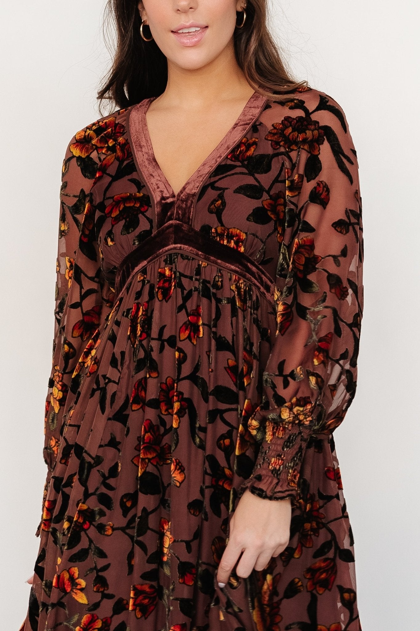 Velvet Floral Dress with V-Neck & Long Sleeves | Adele by Clove + Amber
