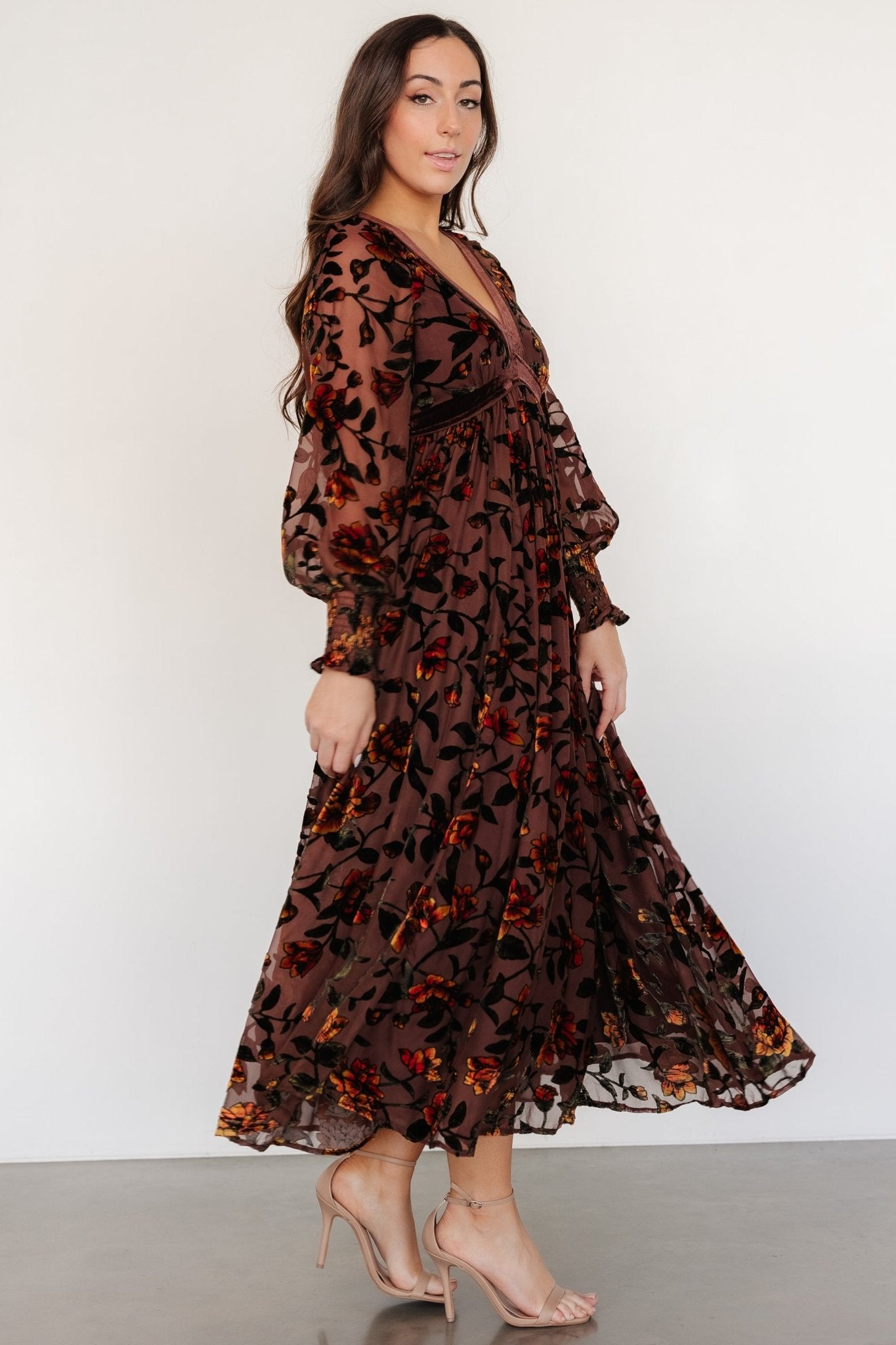 Velvet Floral Dress with V-Neck & Long Sleeves | Adele by Clove + Amber
