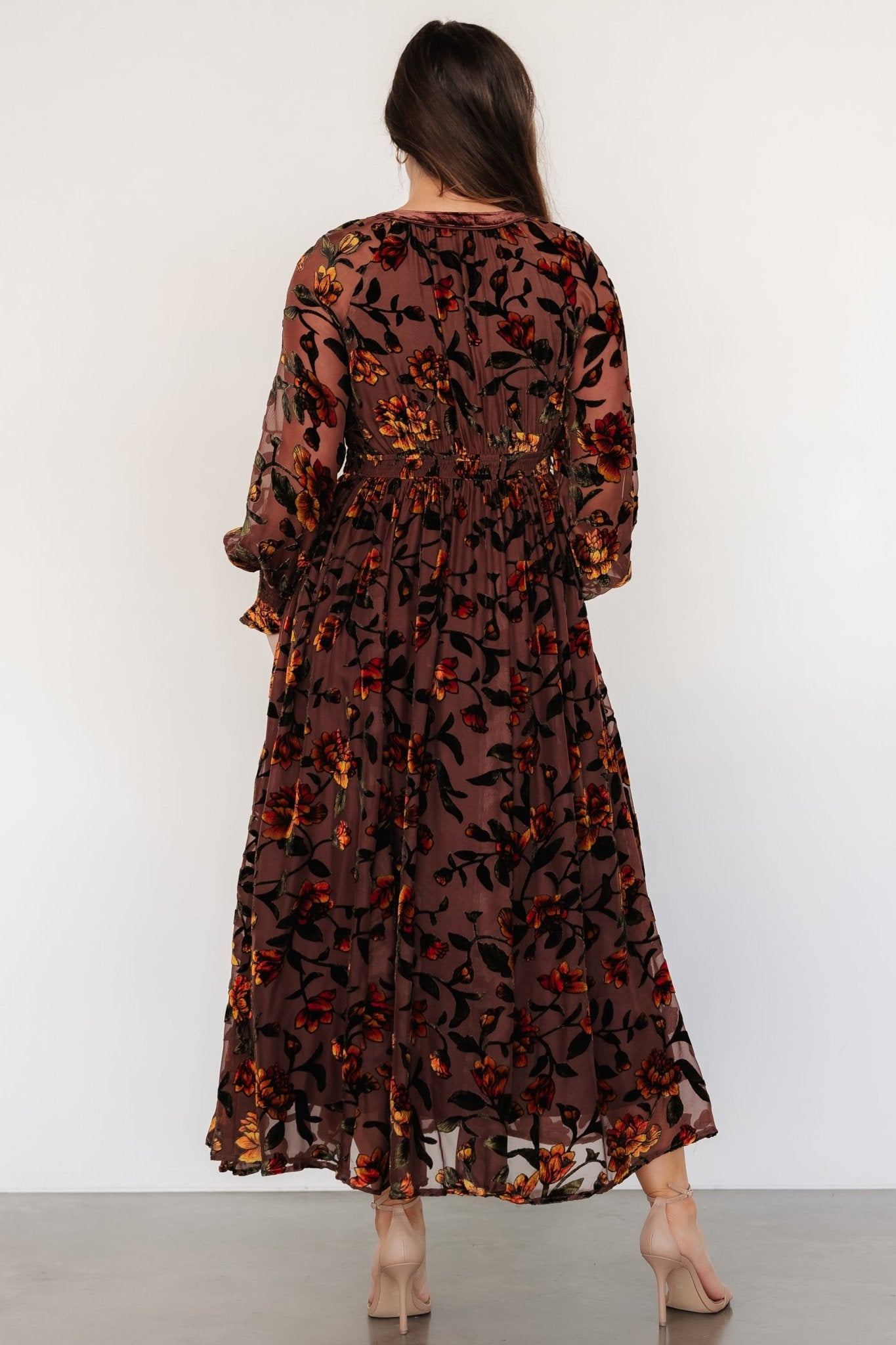 Velvet Floral Dress with V-Neck & Long Sleeves | Adele by Clove + Amber