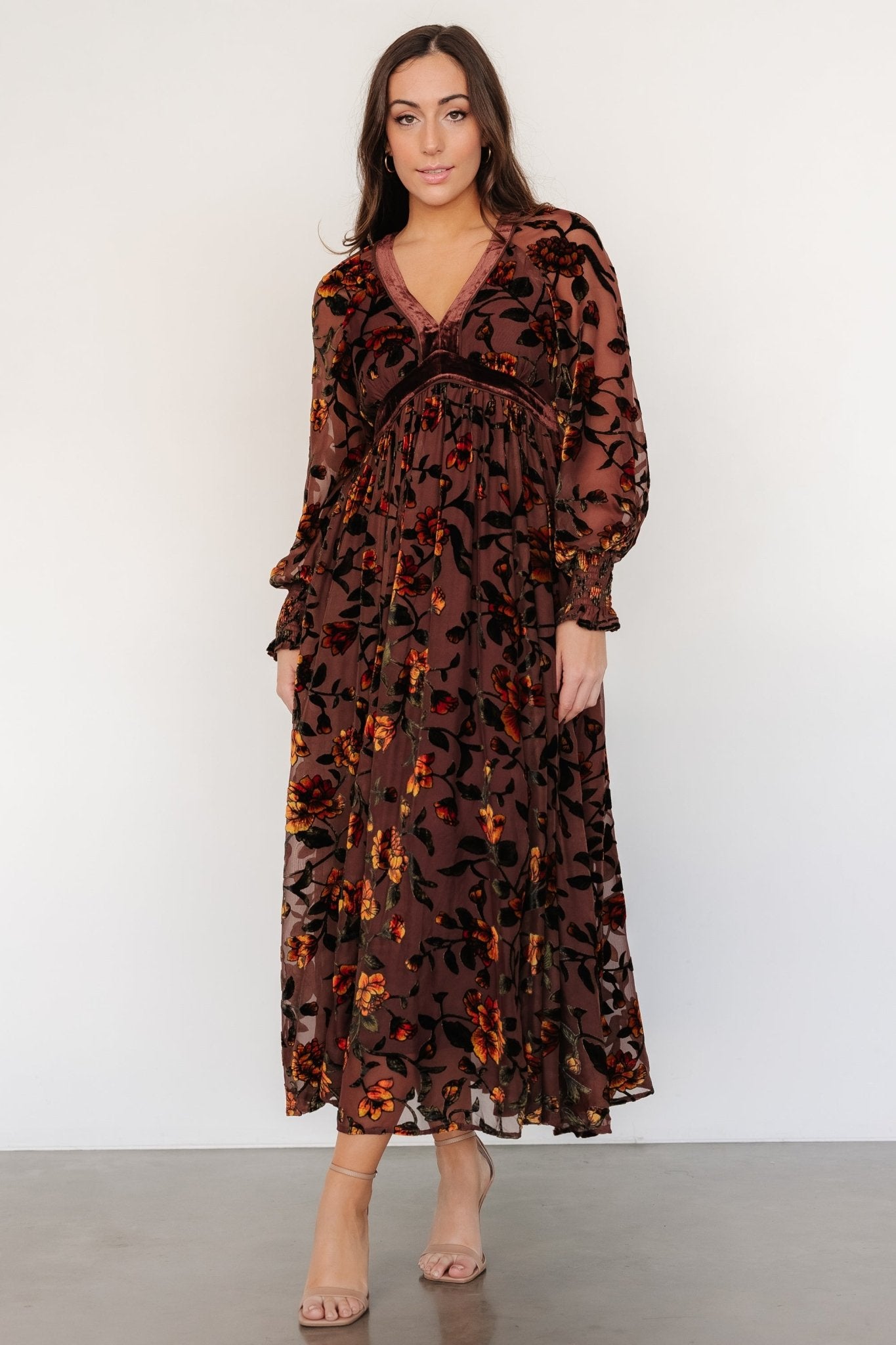 Velvet Floral Dress with V-Neck & Long Sleeves | Adele by Clove + Amber