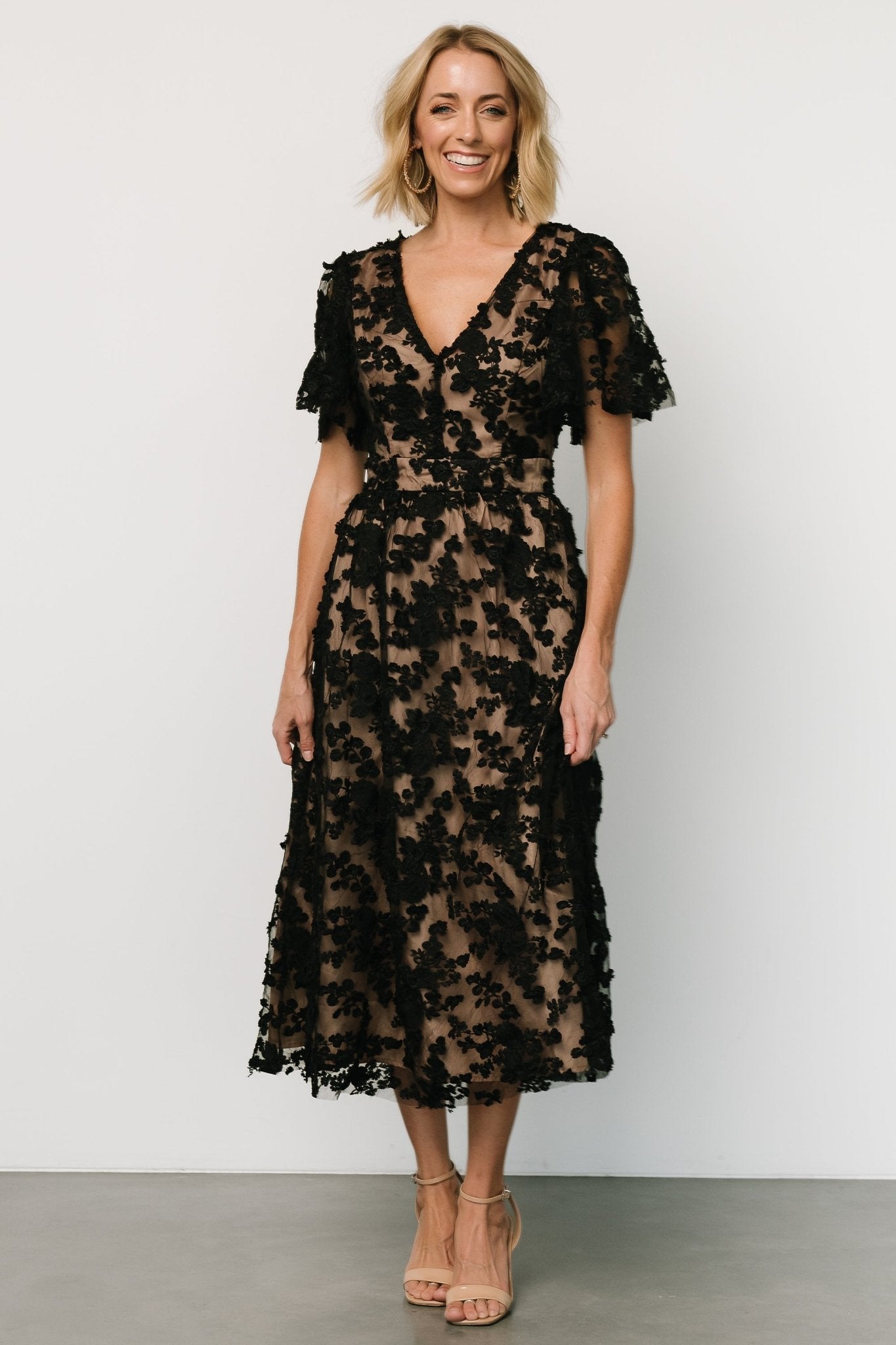 Floral Embroidered Midi Dress with V-Neck & Tulle | Sadie Black