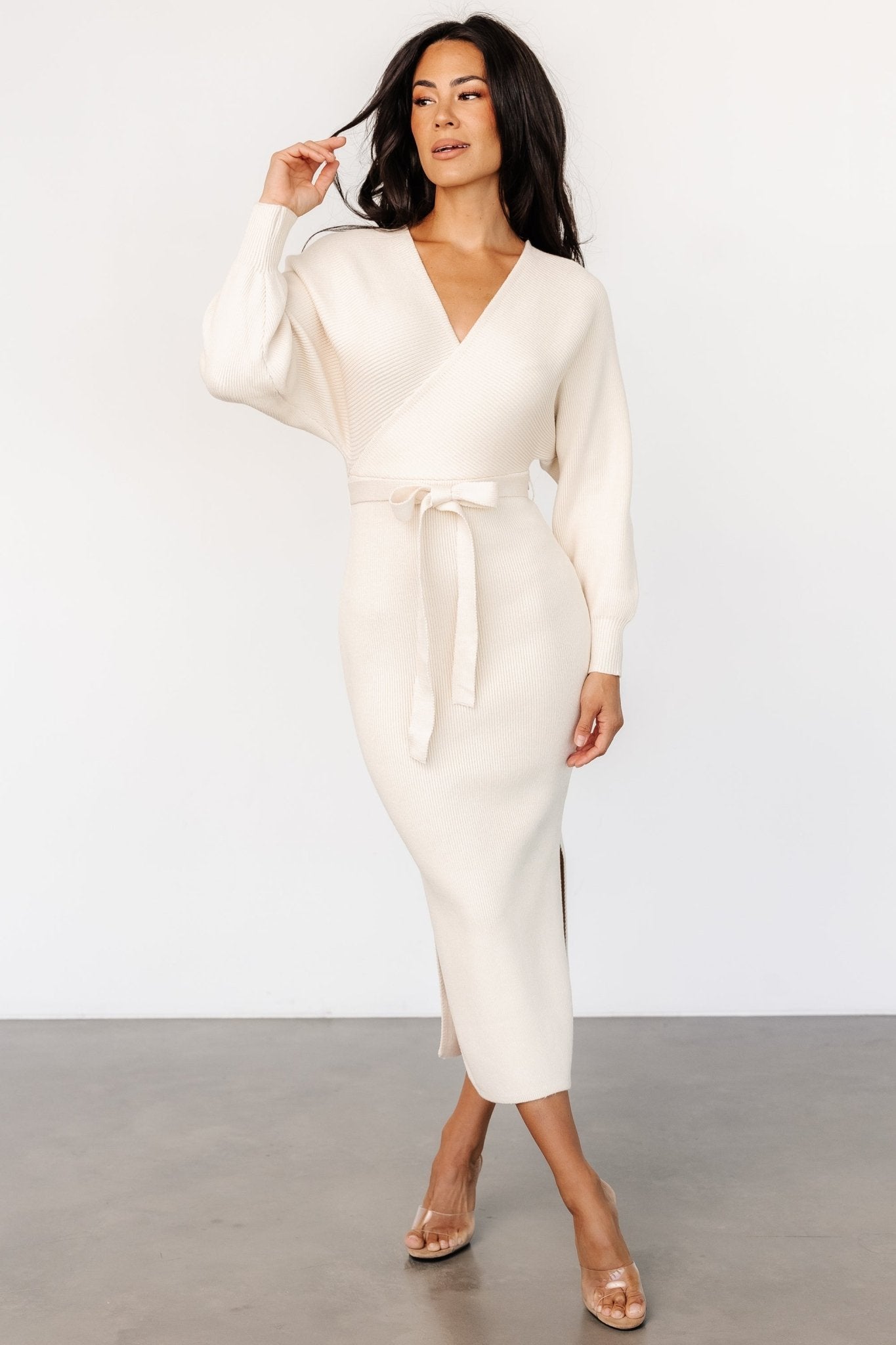 Cream Faux Wrap Dress with High Waist & Side Slits | Sammi