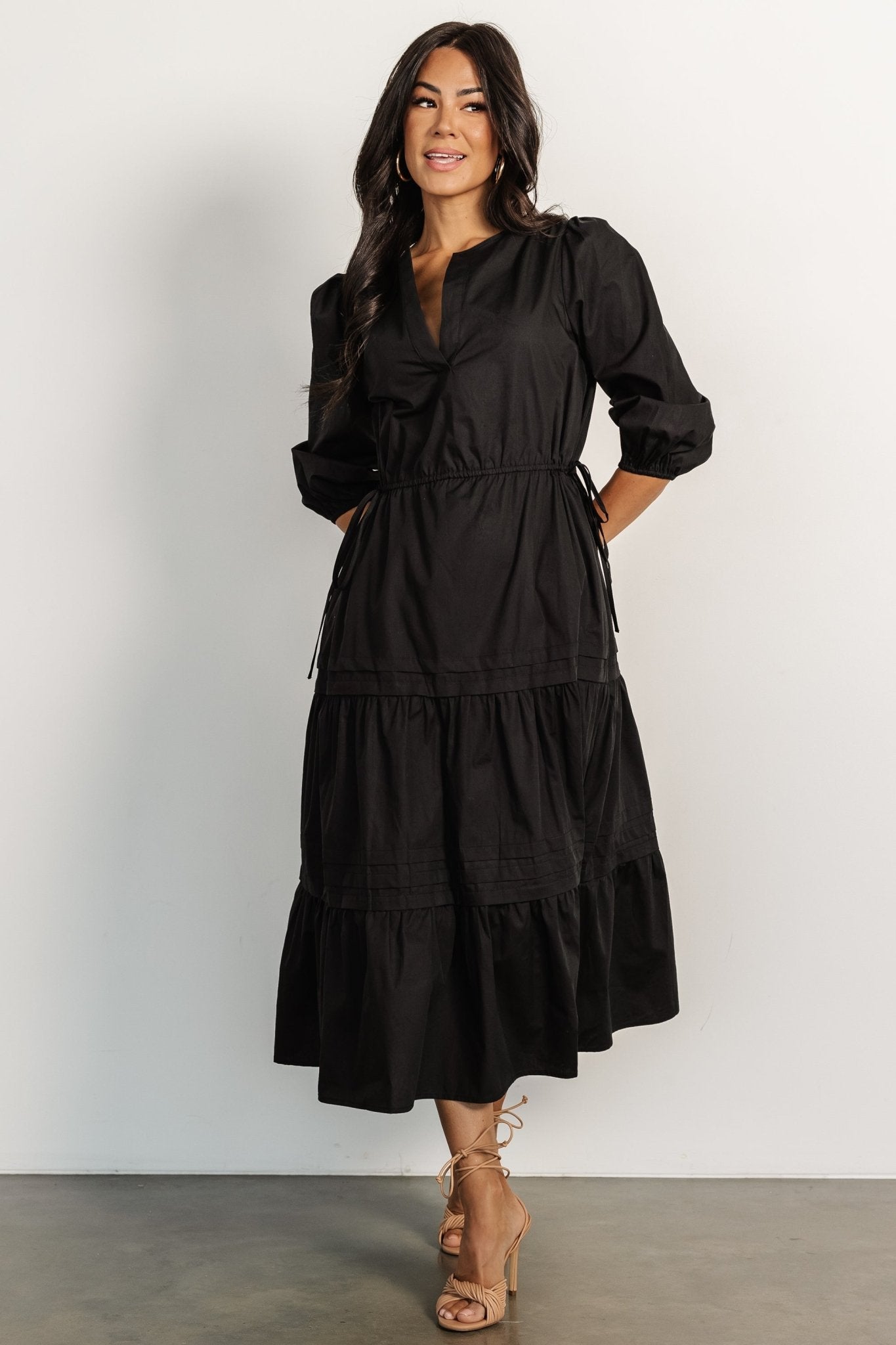 Black Poplin Midi Dress with V-Neck & Tiered Skirt | Santa Fe