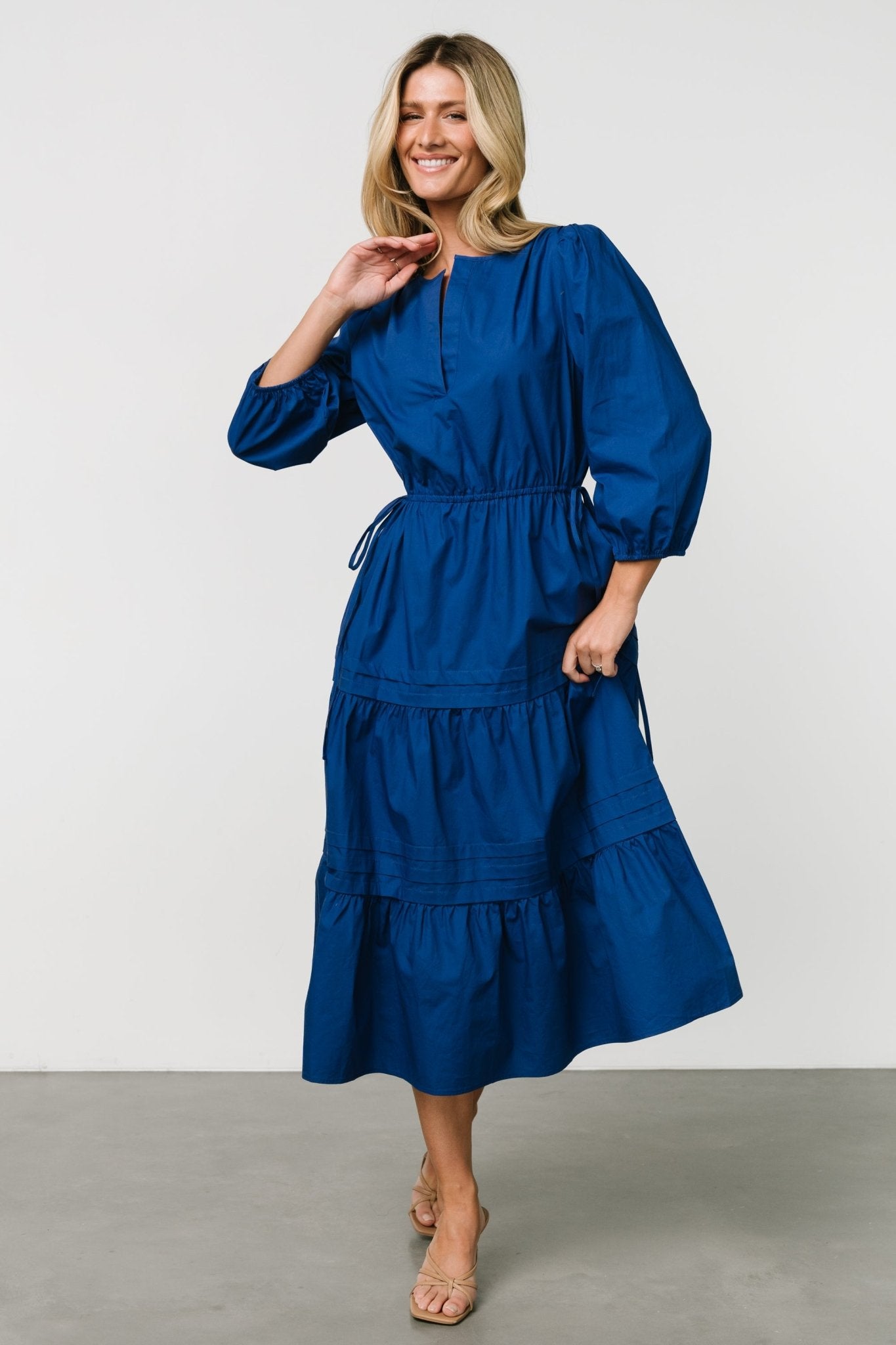 Cobalt Blue Poplin Midi Dress with V-Neck & Tiered Skirt | Santa Fe
