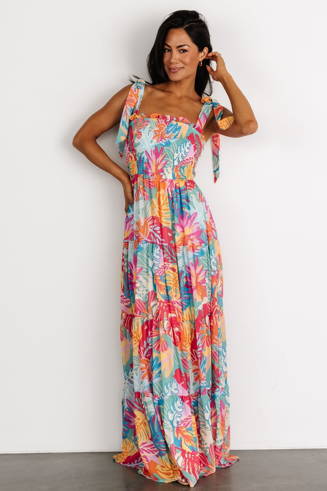 Tropical Print Maxi Dress with Smocked Bodice & Bow Straps | Baltic Born