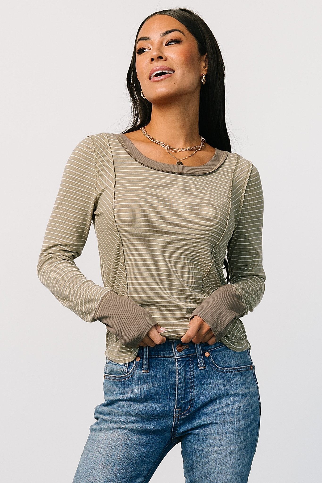 Olive Striped Stretch Top with Round Neck | Ashford