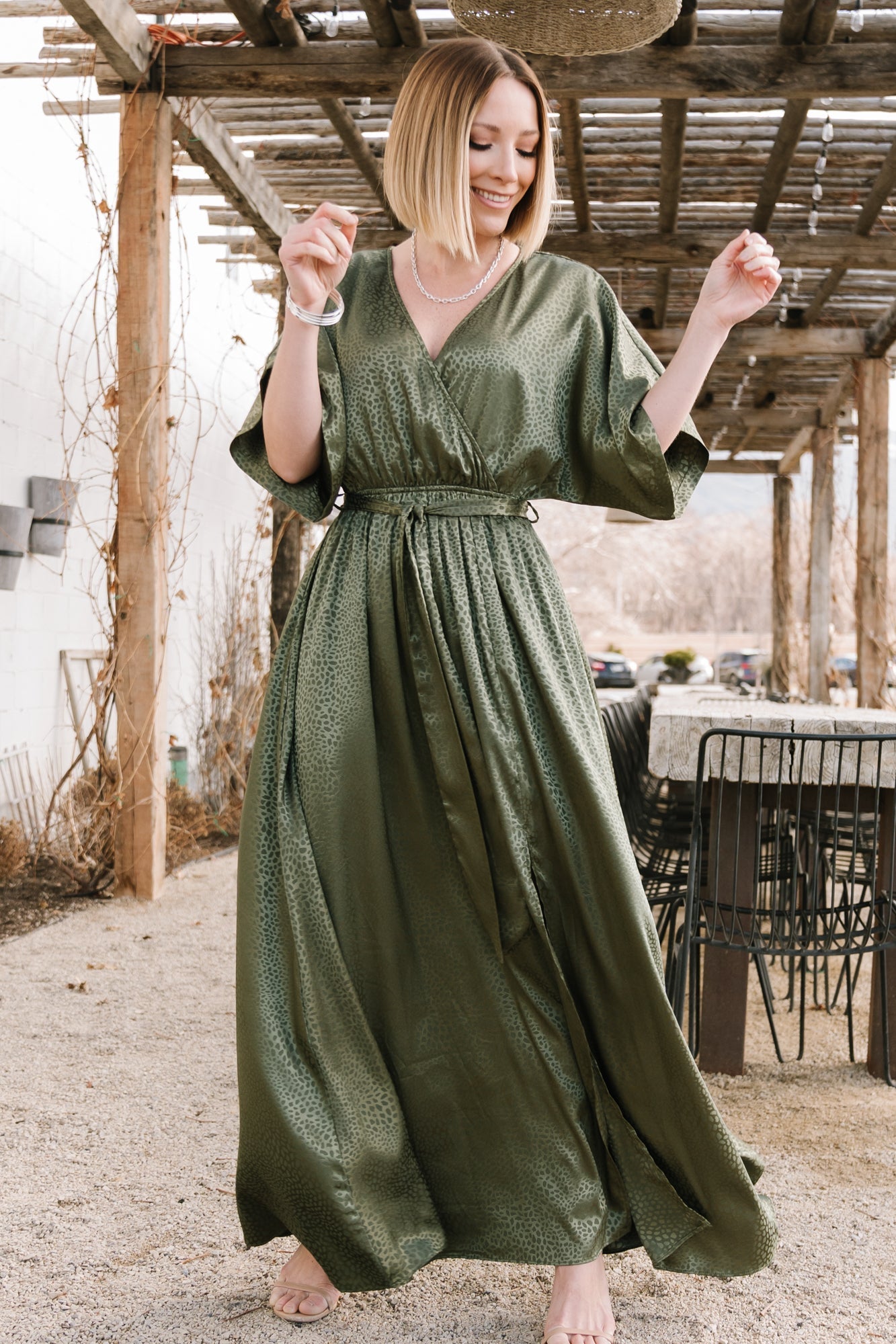 Olive Savannah Print Kimono Maxi Dress with Pockets | Satin