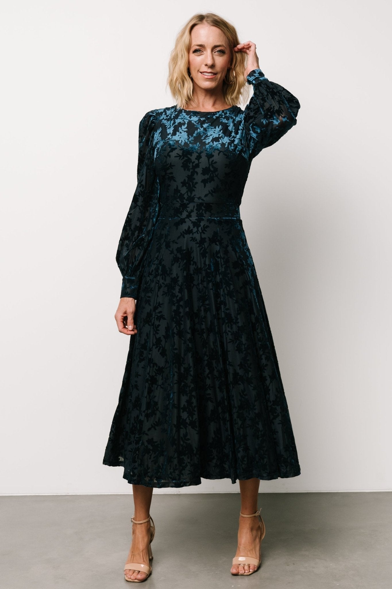 Deep Teal Velvet Tie Back Dress with Long Sleeves | Savi