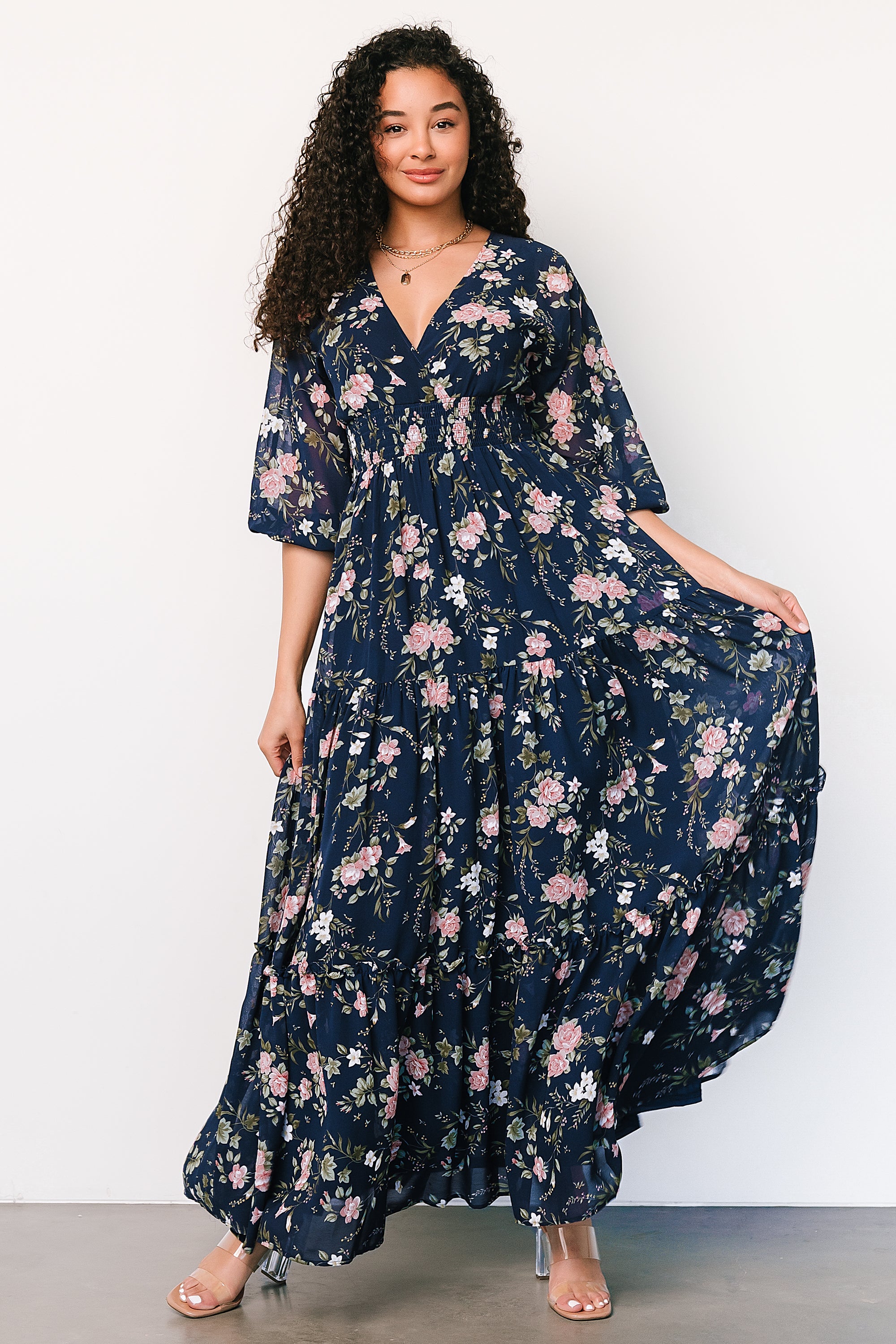 Floral Tiered Maxi Dress with Smocked Waist & Long Sleeves | Baltic Born