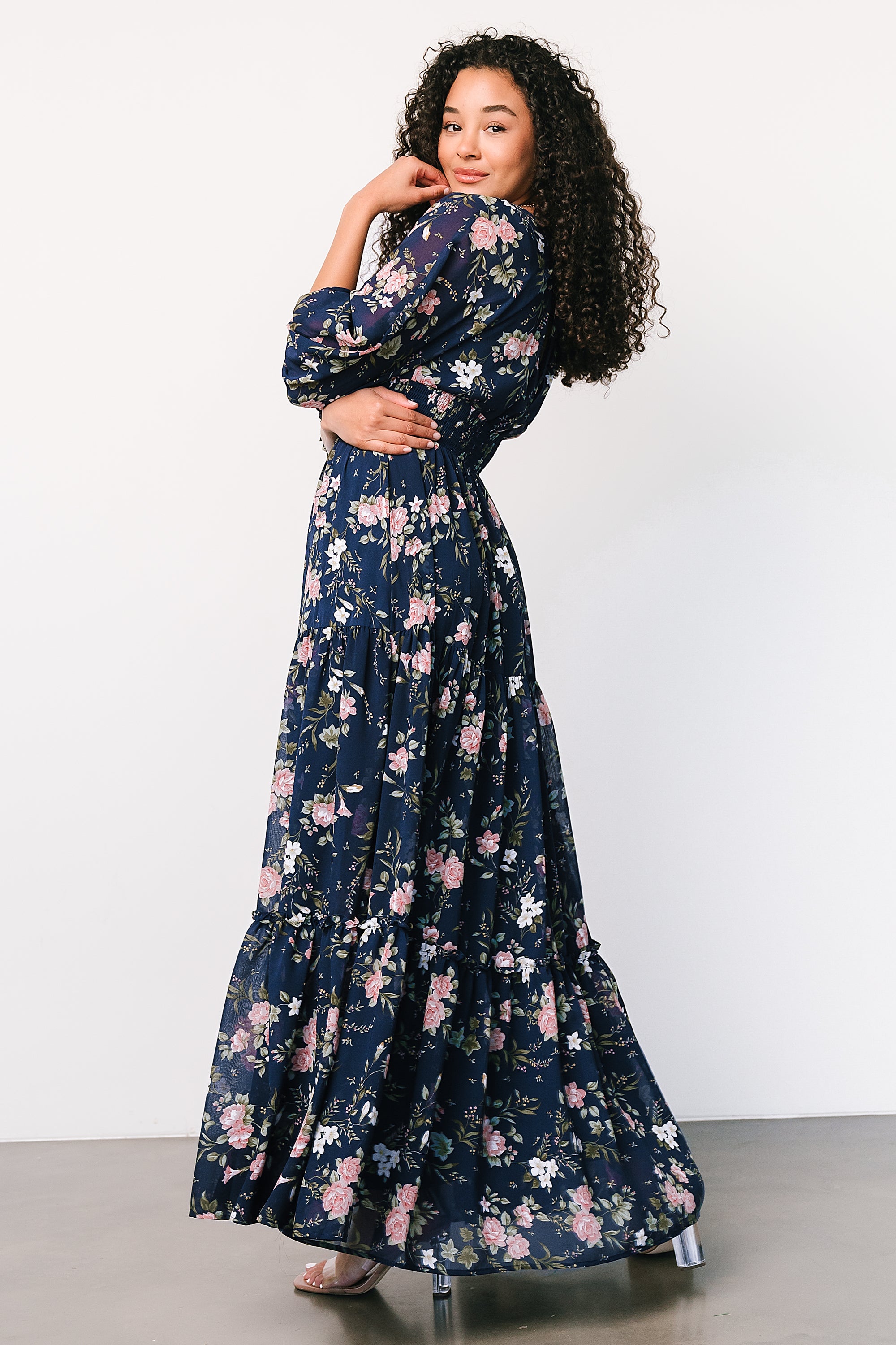 Floral Tiered Maxi Dress with Smocked Waist & Long Sleeves | Baltic Born