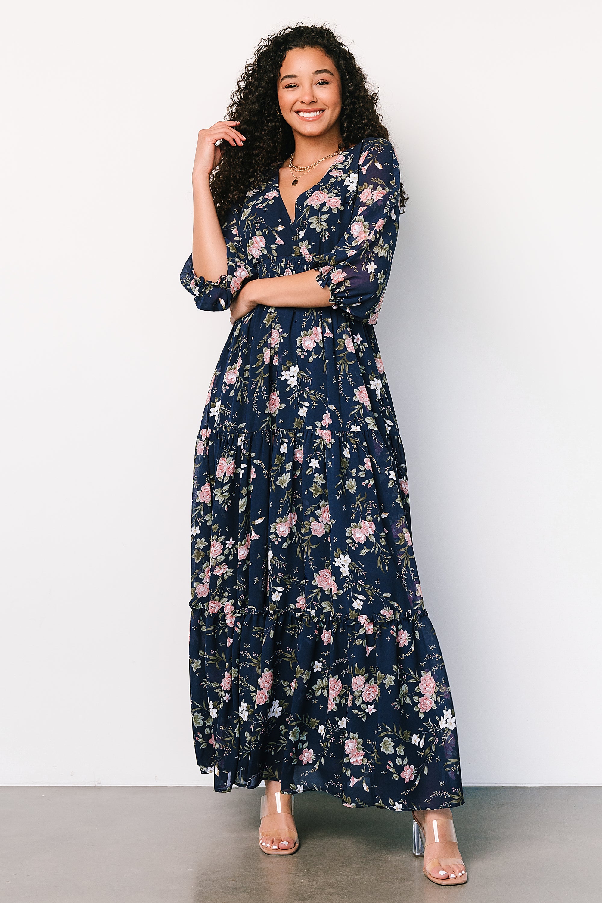 Floral Tiered Maxi Dress with Smocked Waist & Long Sleeves | Baltic Born