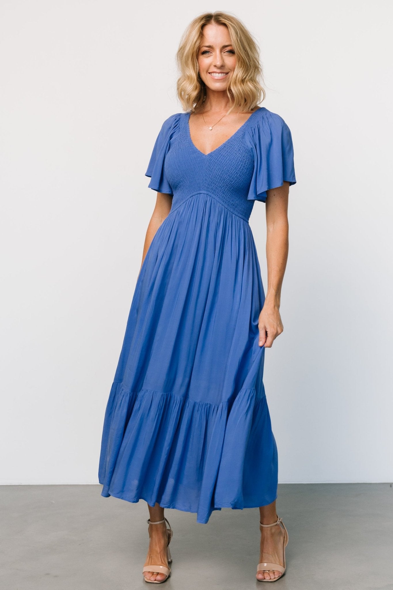 Blue Smocked Midi Dress with Flutter Sleeves | Baltic Born
