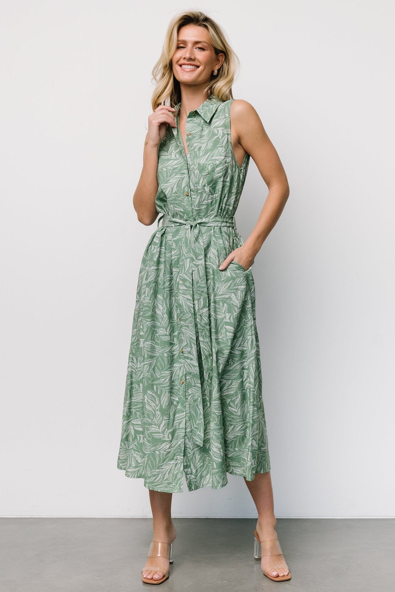 Green Print Button Tank Dress with Pockets & Waist Sash | Baltic Born