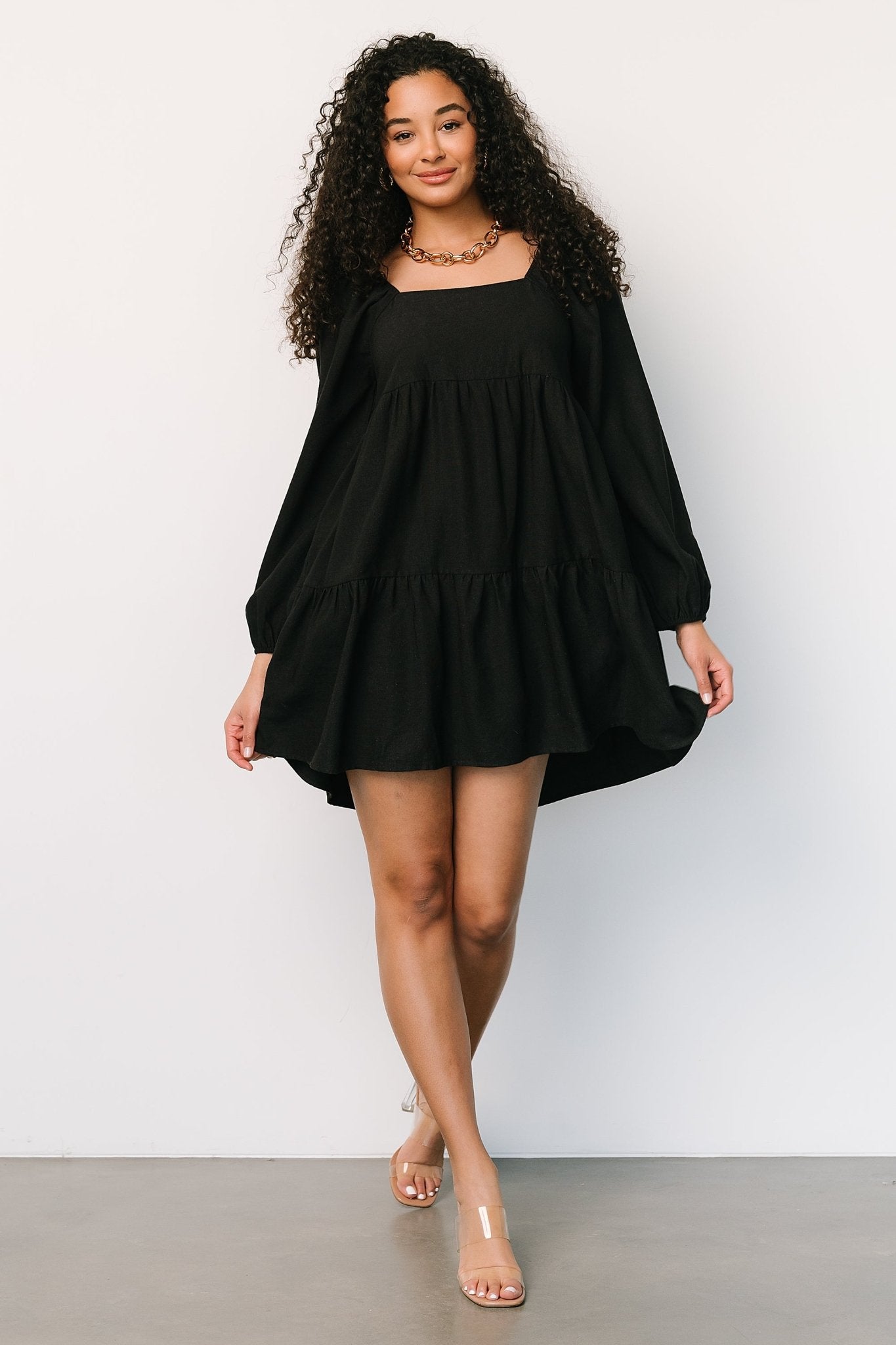Black Tiered Mini Dress with Square Neckline & Pockets | Selena