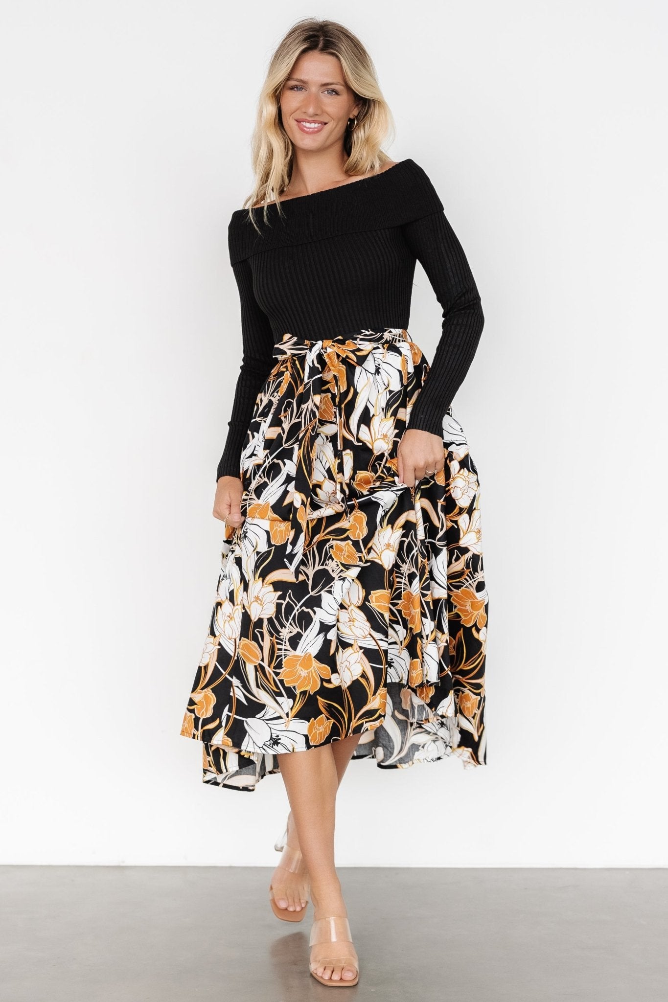 Off Shoulder Floral Print Dress with Pockets & Waist Sash | Selma