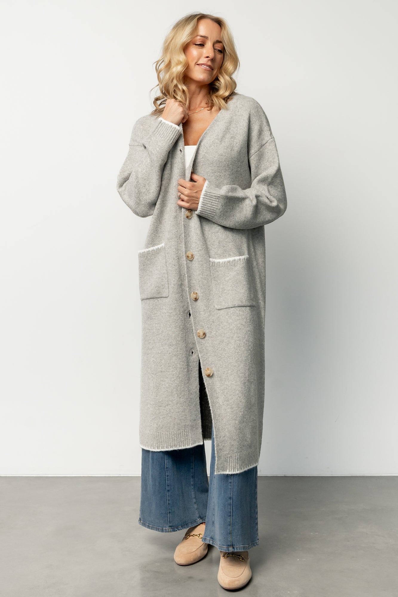 Light Gray Longline Cardigan with Pockets & Ribbed Accents | Baltic Born