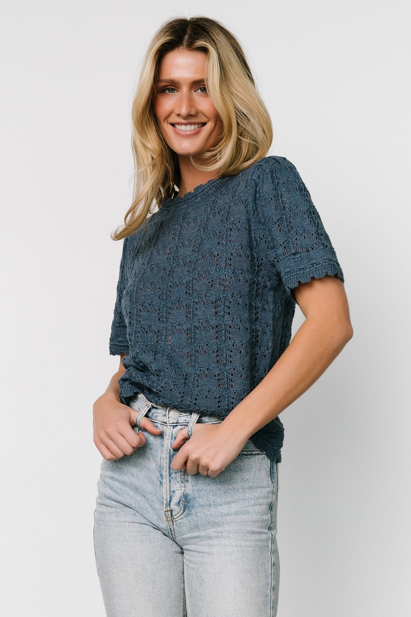 Slate Blue Knit Sweater Top with Scalloped Detailing | Serenity