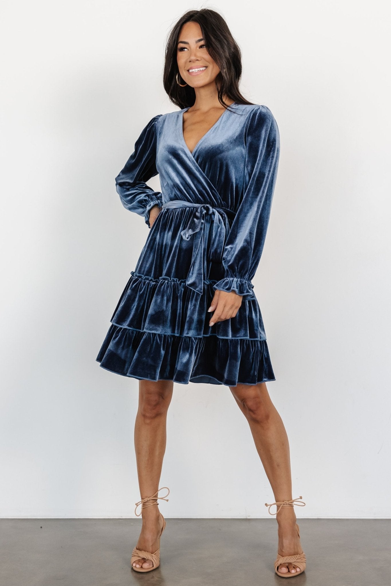 Velvet Short Dress with Surplice Neckline & Poet Sleeves | Baltic Born