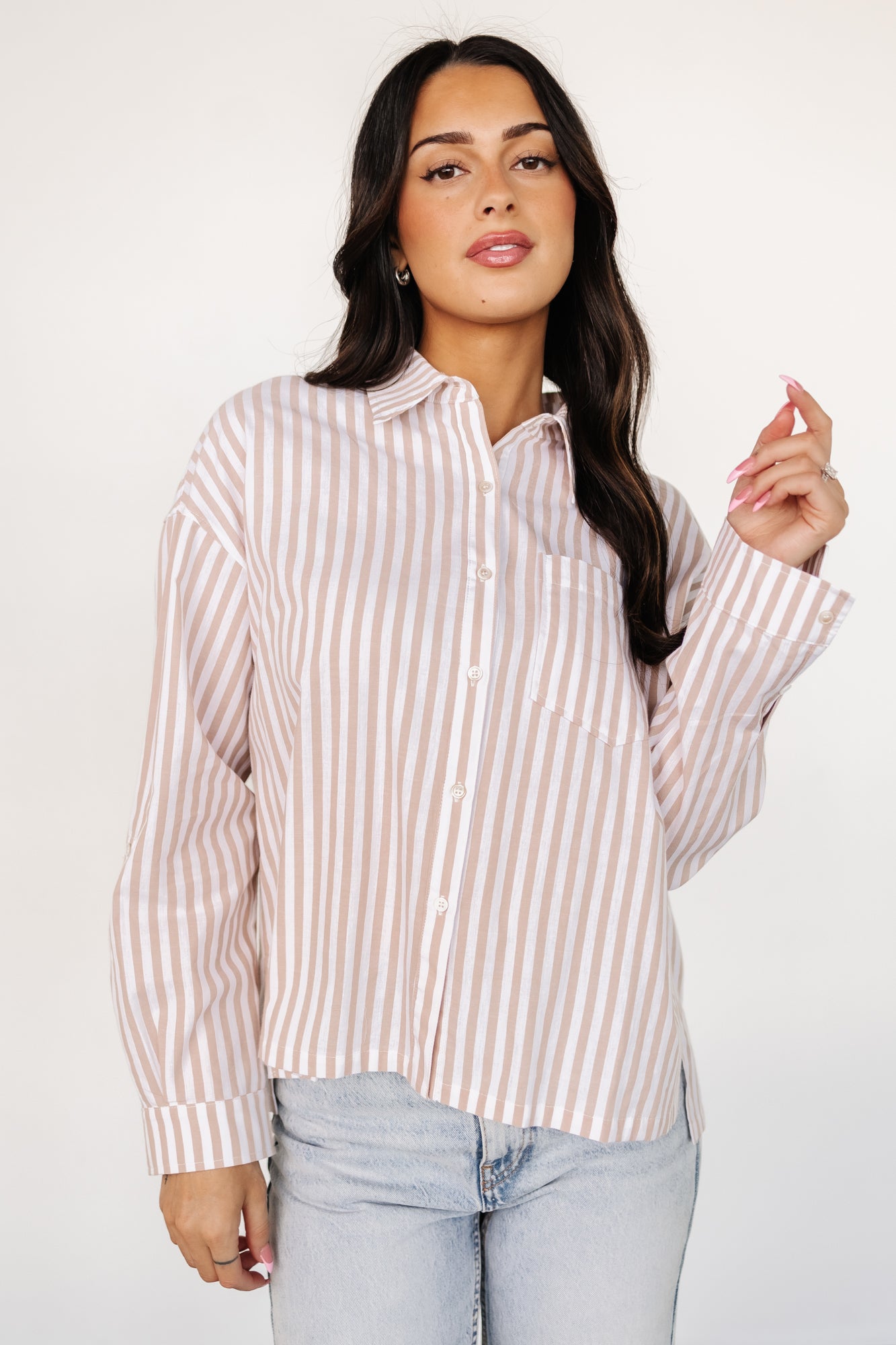 Beige Striped Cotton Button-Up Shirt for Women | Baltic Born
