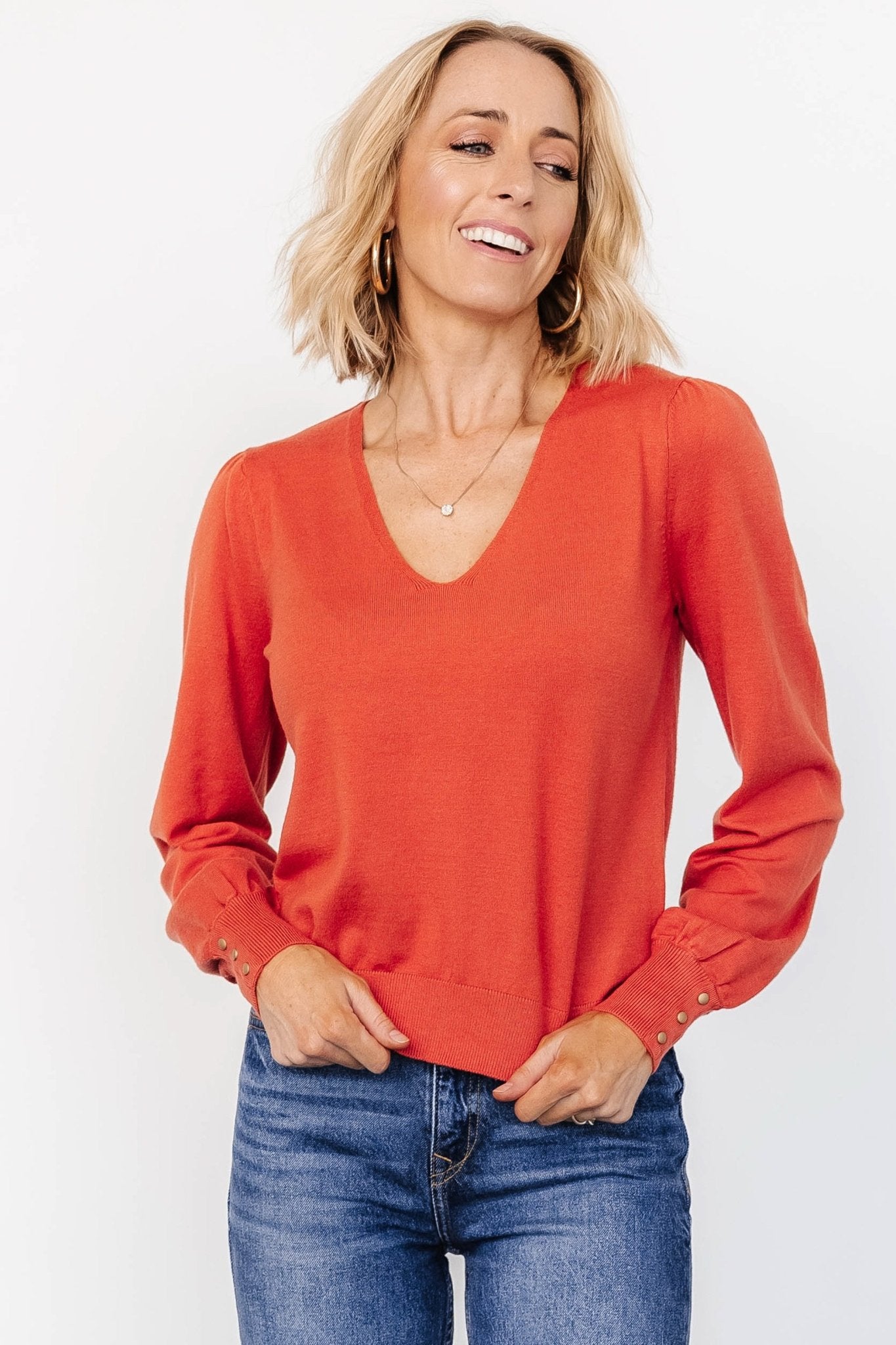 Soft V-Neck Sweater Top in Light Rust | Relaxed Fit & Stretchy
