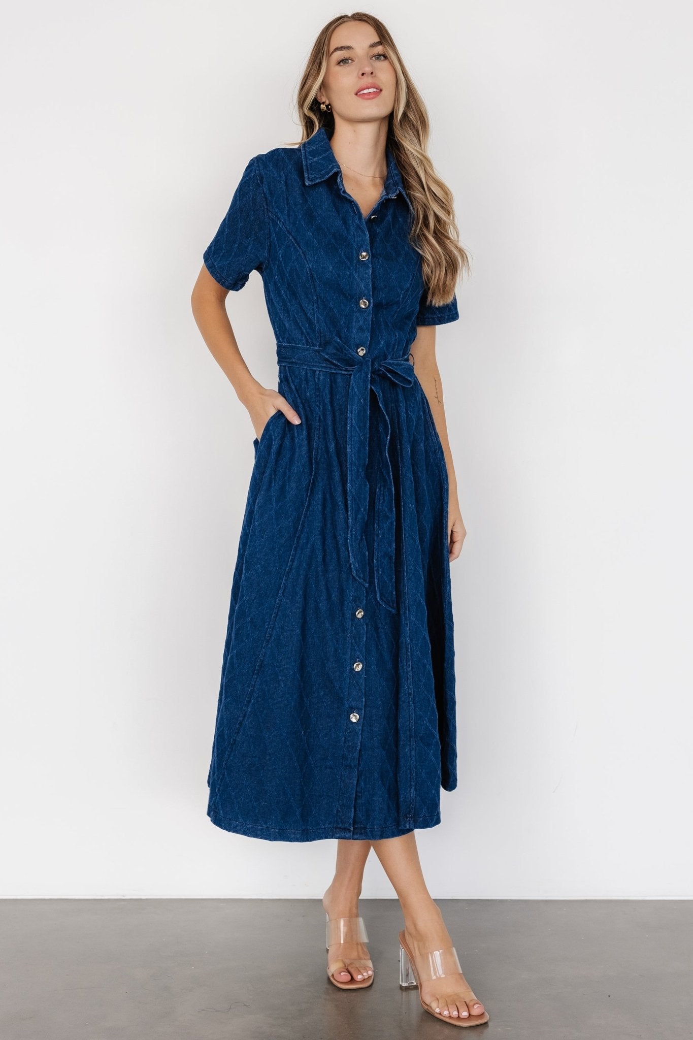 Denim Midi Dress with Removable Waist Sash | Sheryl Blue