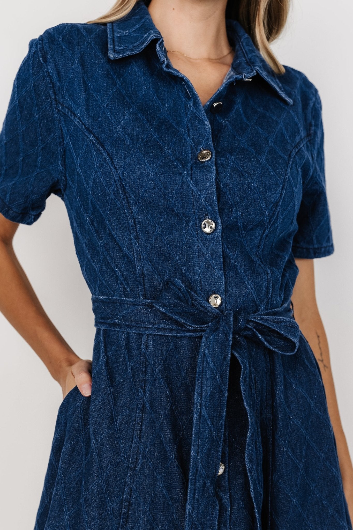 Denim Midi Dress with Removable Waist Sash | Sheryl Blue