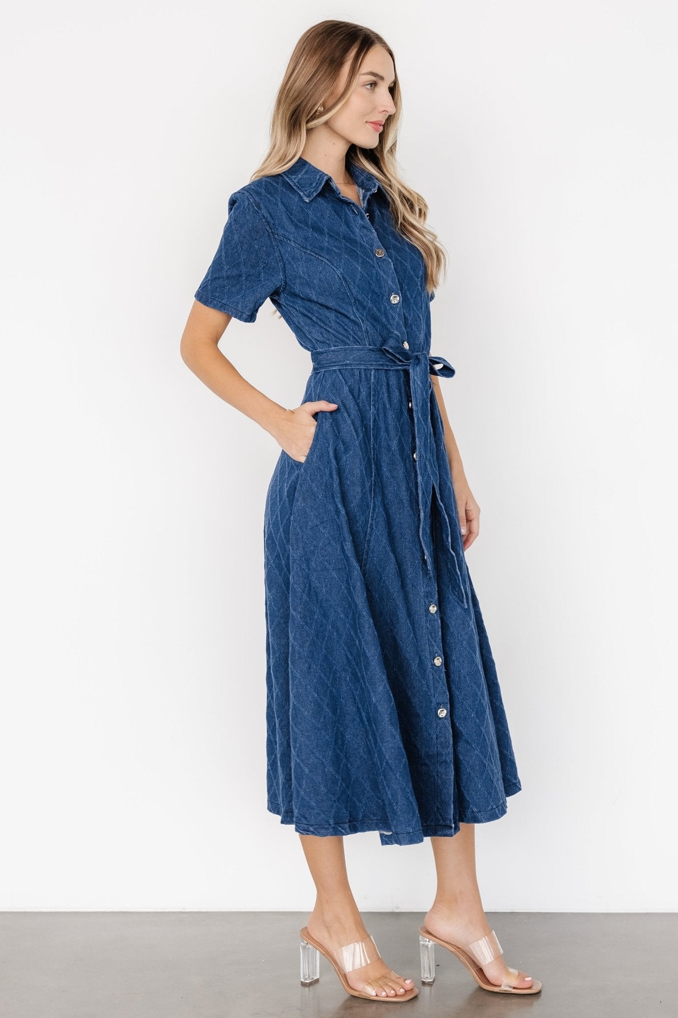 Denim Midi Dress with Removable Waist Sash | Sheryl Blue