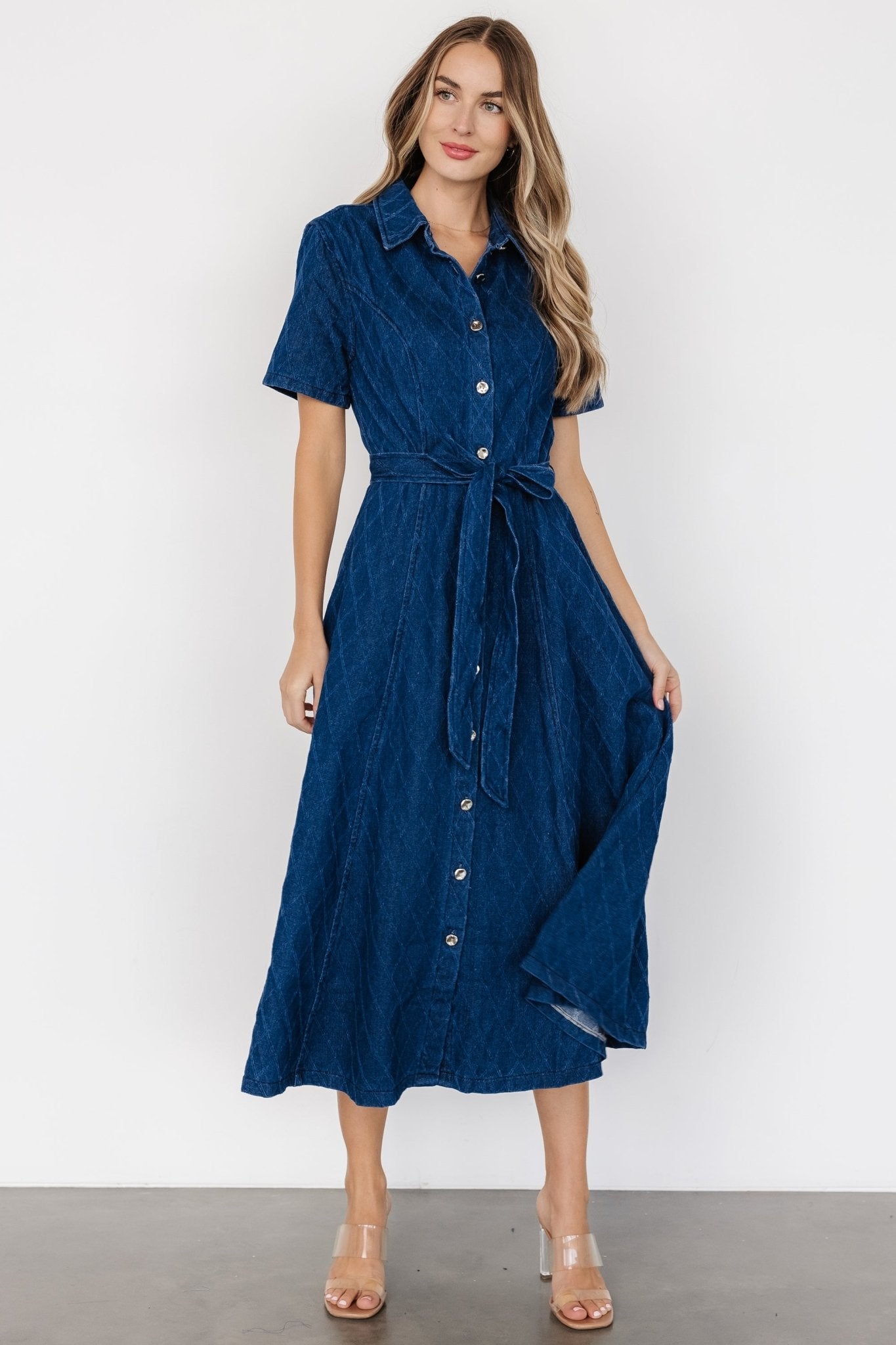 Denim Midi Dress with Removable Waist Sash | Sheryl Blue
