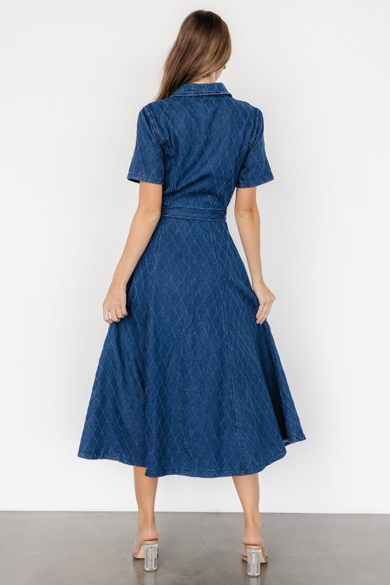 Denim Midi Dress with Removable Waist Sash | Sheryl Blue