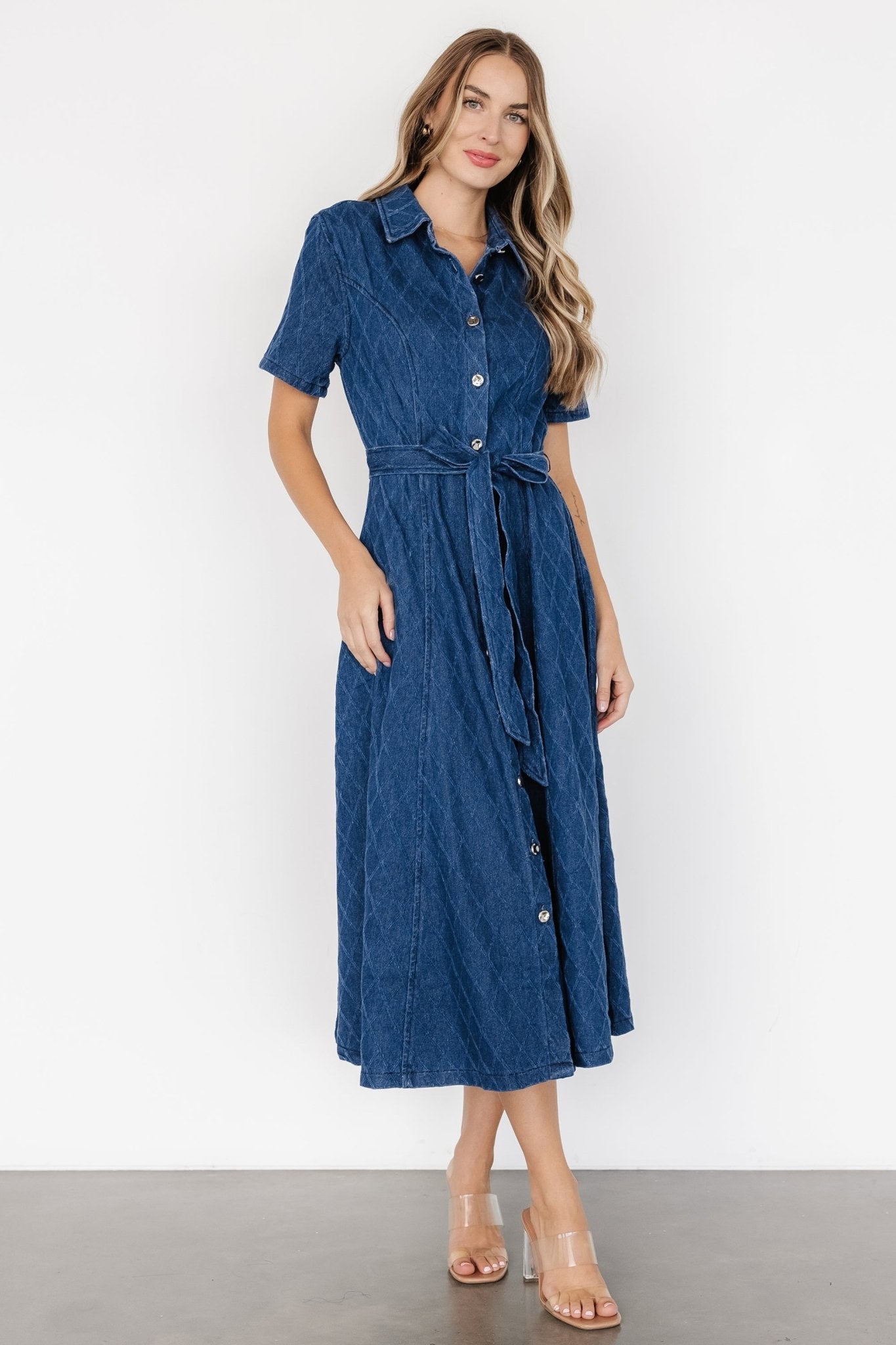 Denim Midi Dress with Removable Waist Sash | Sheryl Blue