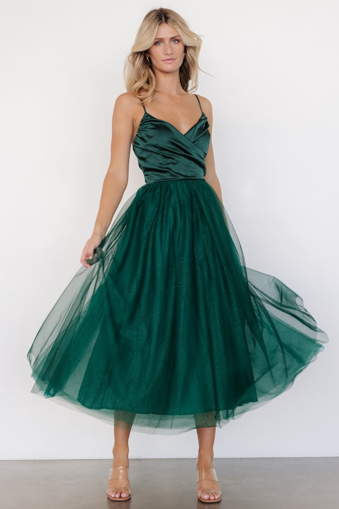 Emerald Green Midi Dress with Tulle Skirt & V-Neck | Shonda Sparkle