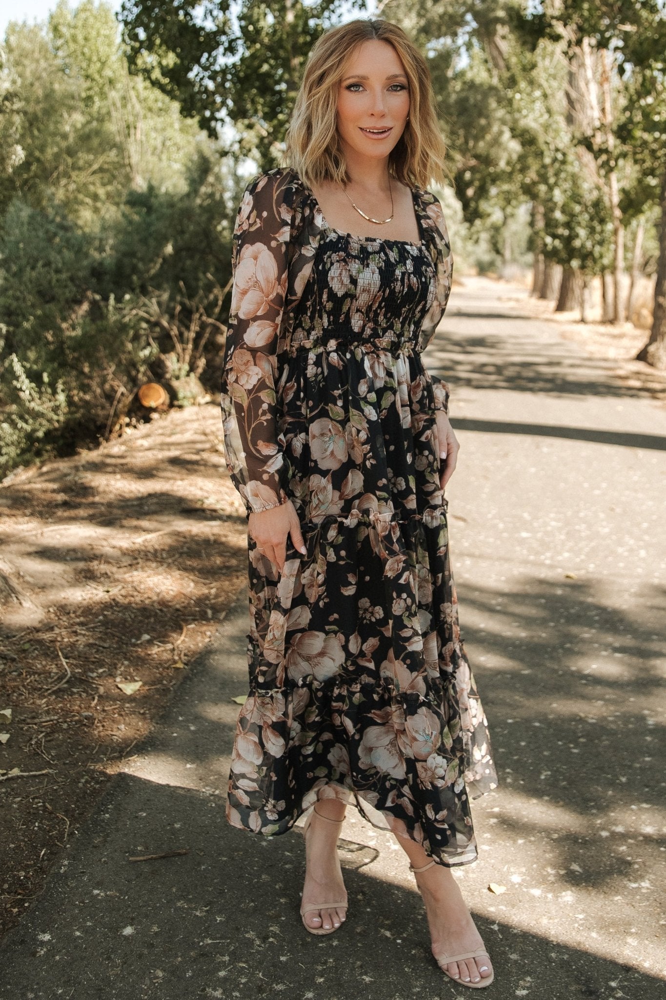 Floral Smocked Maxi Dress with Chiffon Overlay | Adeline