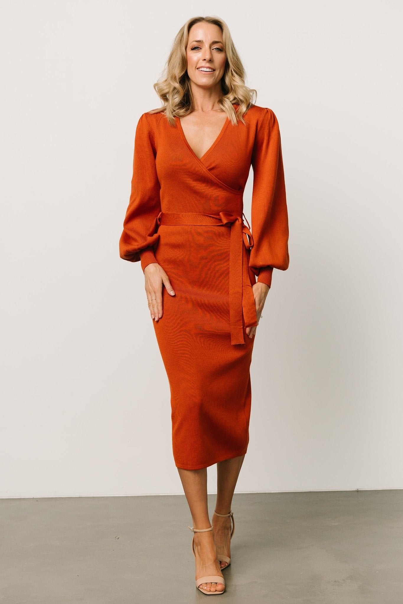 Bubble Sleeve Sweater Dress with V Neck & Waist Tie | Soho