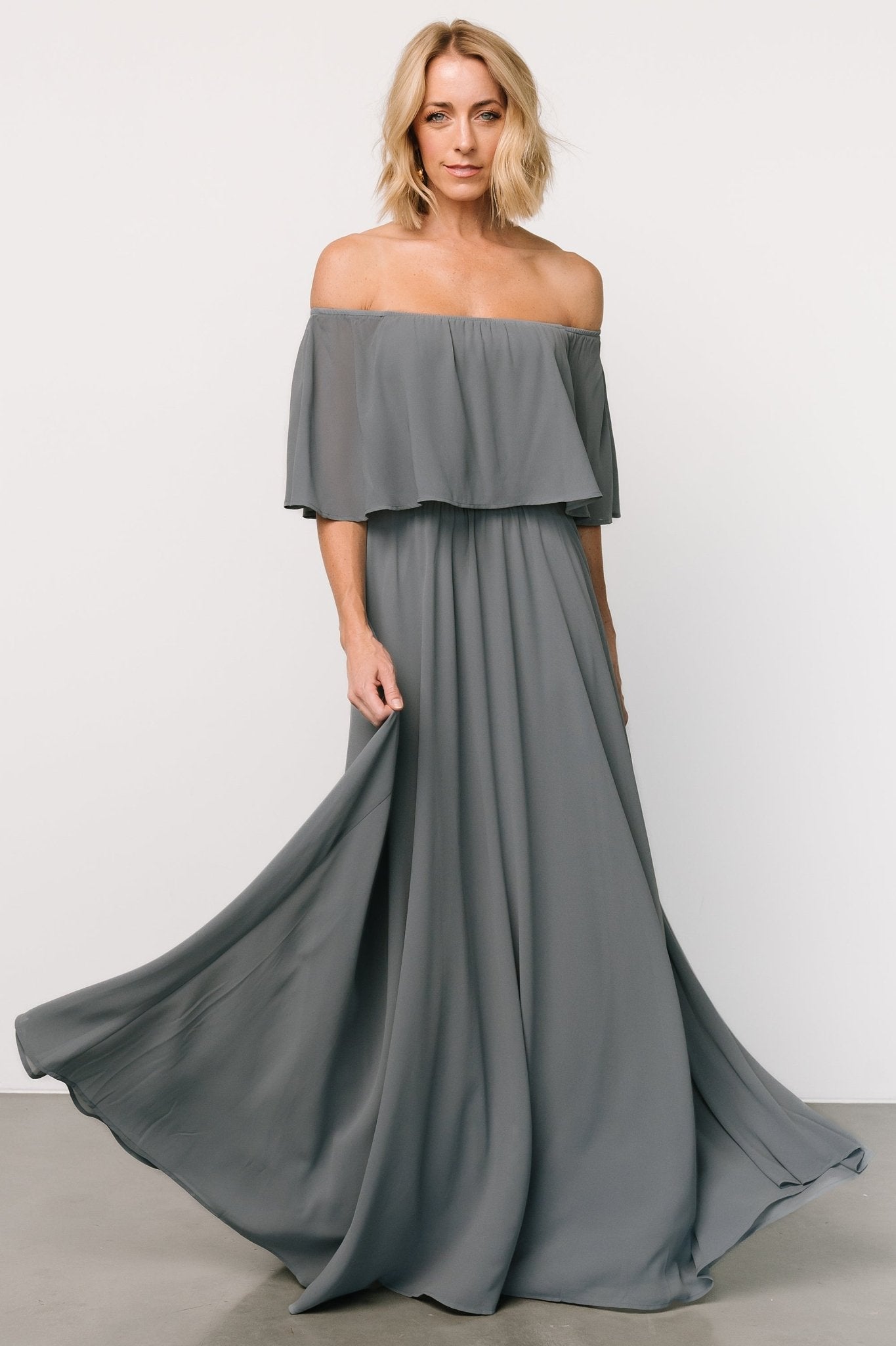 Off Shoulder Maxi Dress in Dusty Blue | Lightweight Chiffon & Elastic Waist | Baltic Born