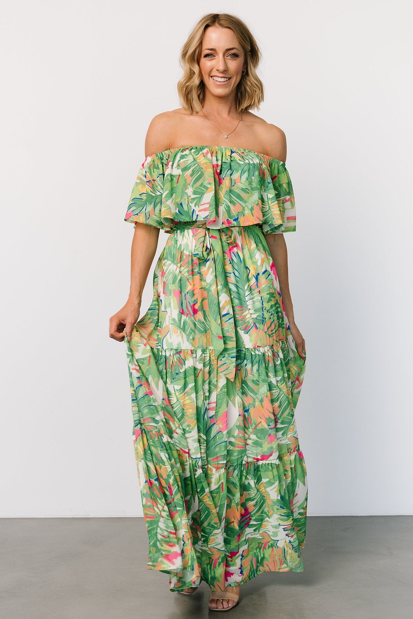 Off Shoulder Maxi Dress with Elastic Waist & Tropical Print | Baltic Born