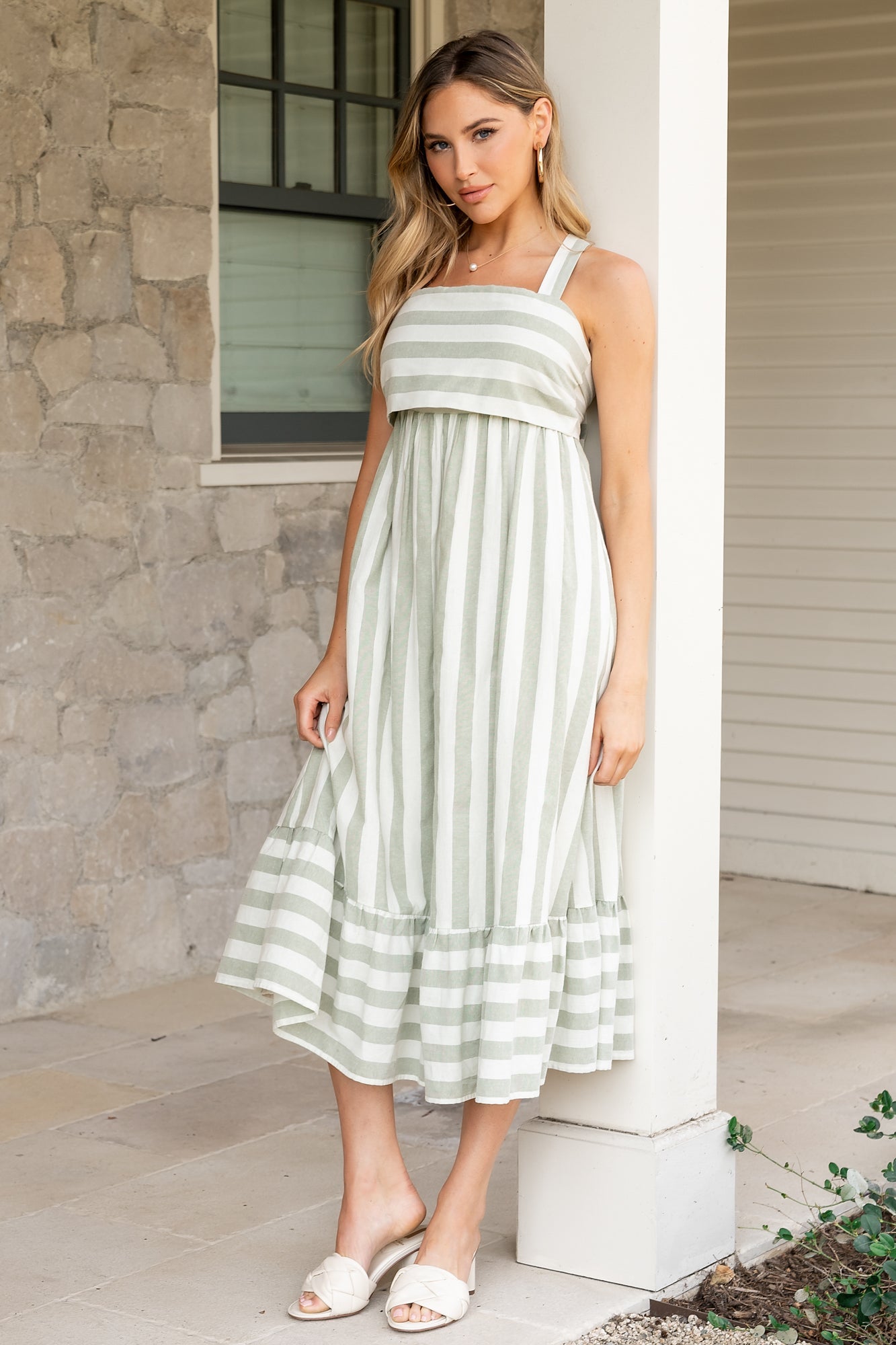 Sage & Cream Striped Midi Dress with Tie Back Detail | Baltic Born