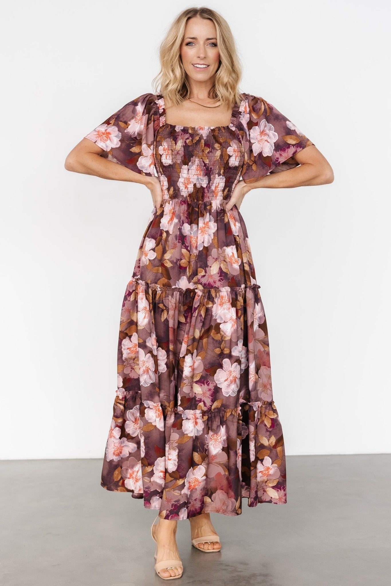 Brown Floral Smocked Maxi Dress with Ruffled Sleeves | Baltic Born