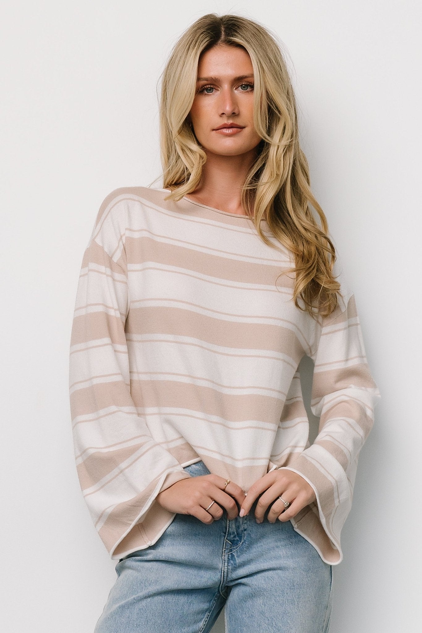 Striped Boat Neck Top with Bell Sleeves | Ivory & Sand