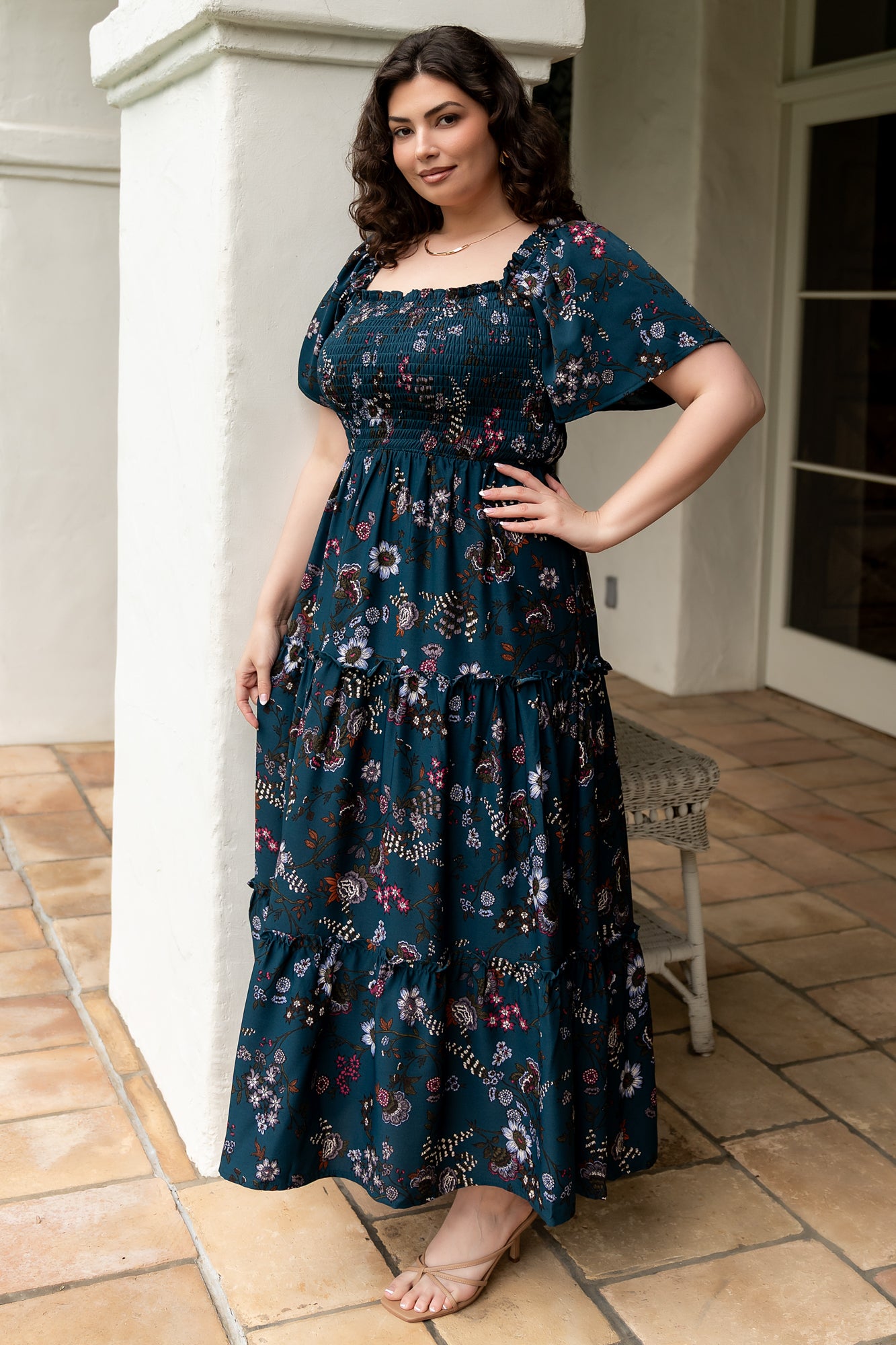 Floral Smocked Maxi Dress with Ruffled Sleeves | Jade Blossom